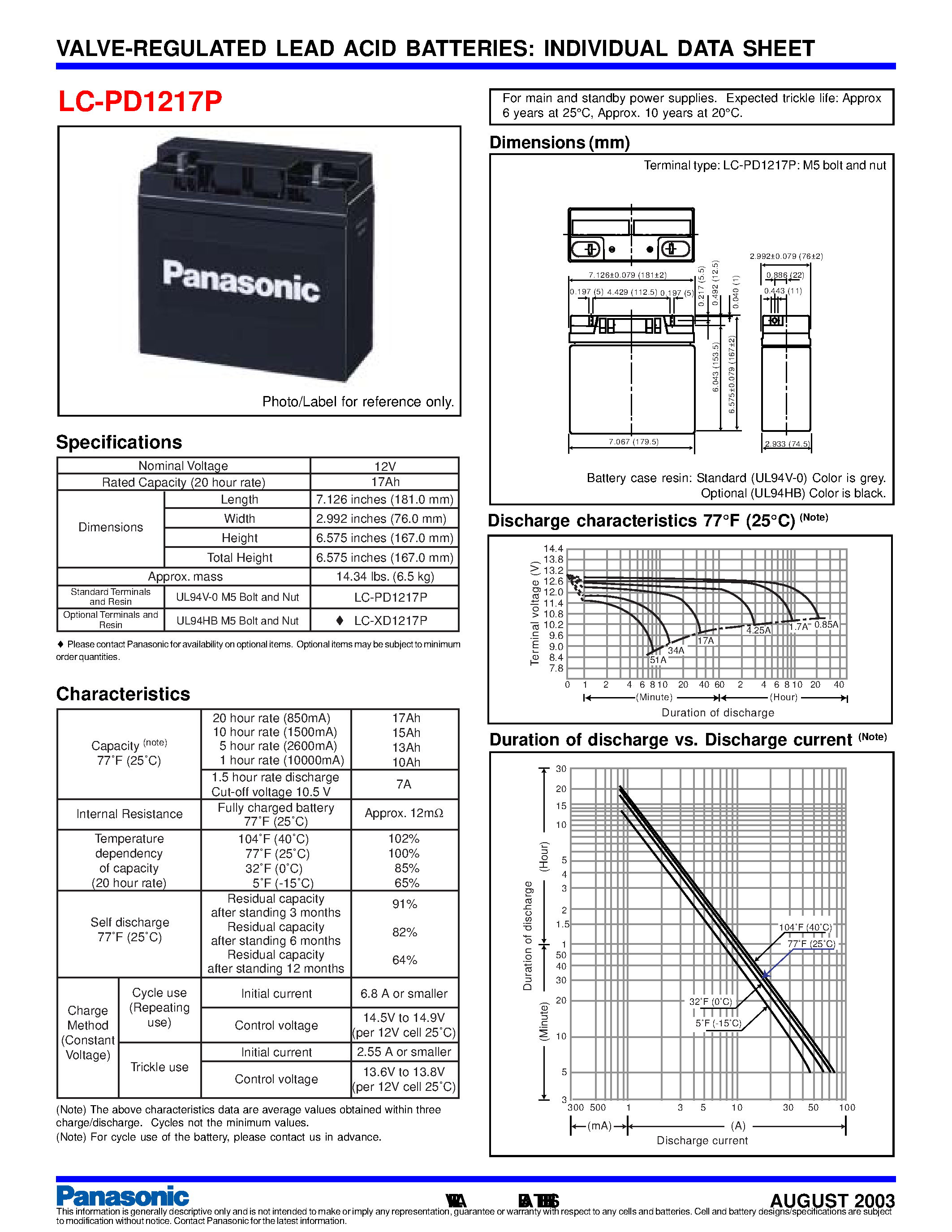 Datasheet LC-XD1217P-1 page 1 Datasheet LC-XD1217P-1 - Valve-Regulated Lead Acid Batteries page 1