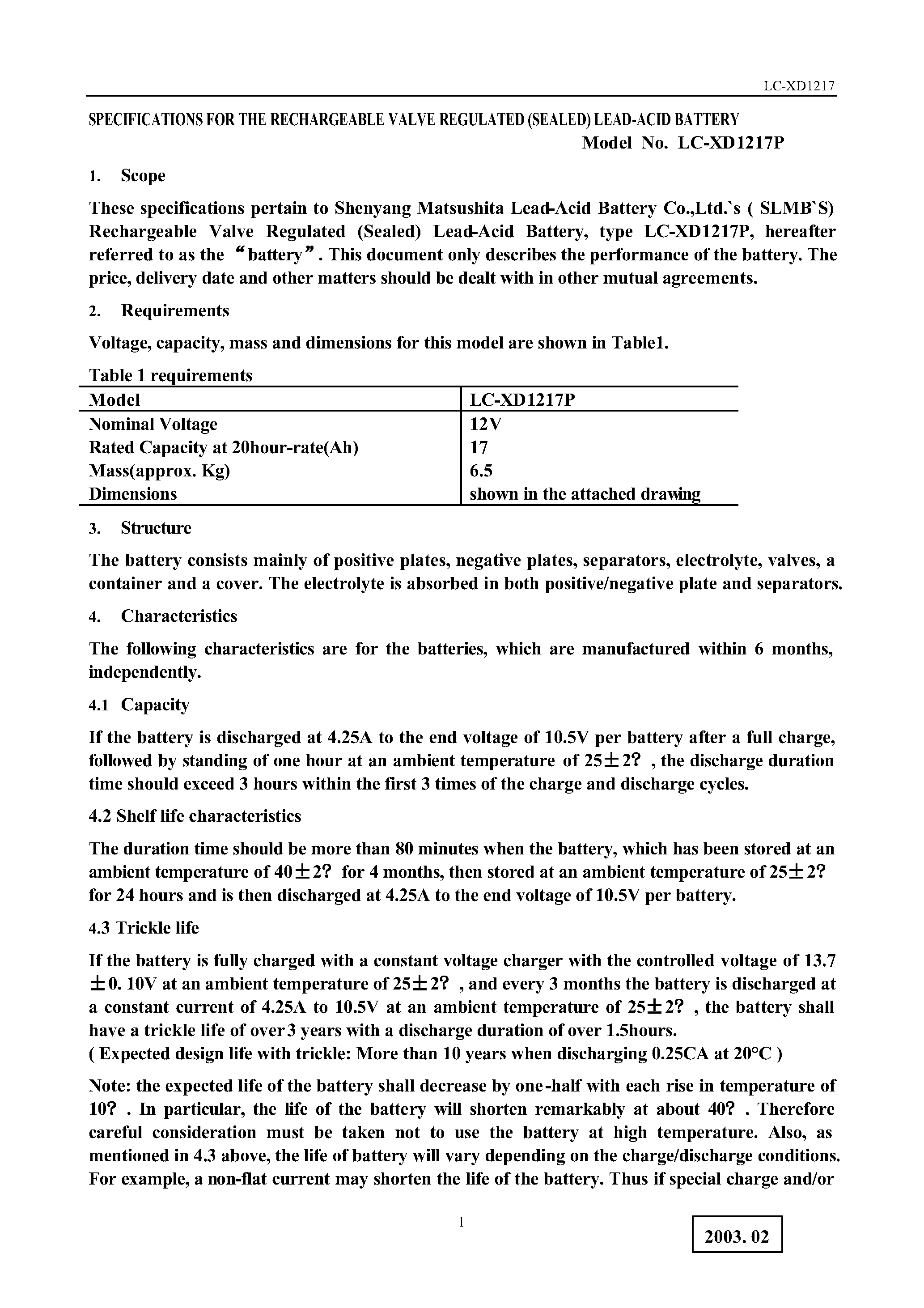 Даташит на микросхему LC-XD1217P-2 страница 2 Даташит LC-XD1217P-2 - Battery Specifications страница 2