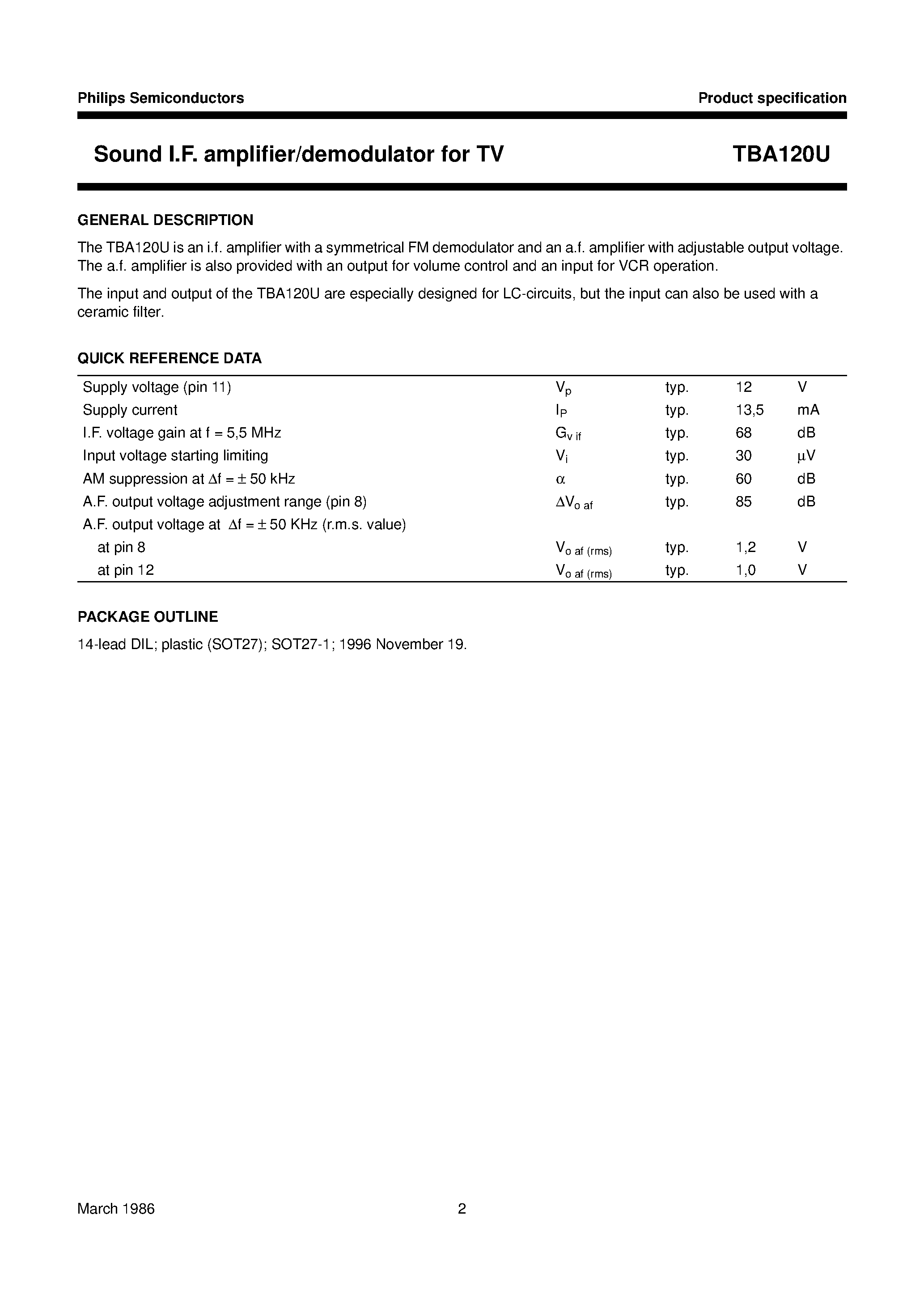 Даташит TBA120U - Sound I.F. amplifier/demodulator for TV страница 2