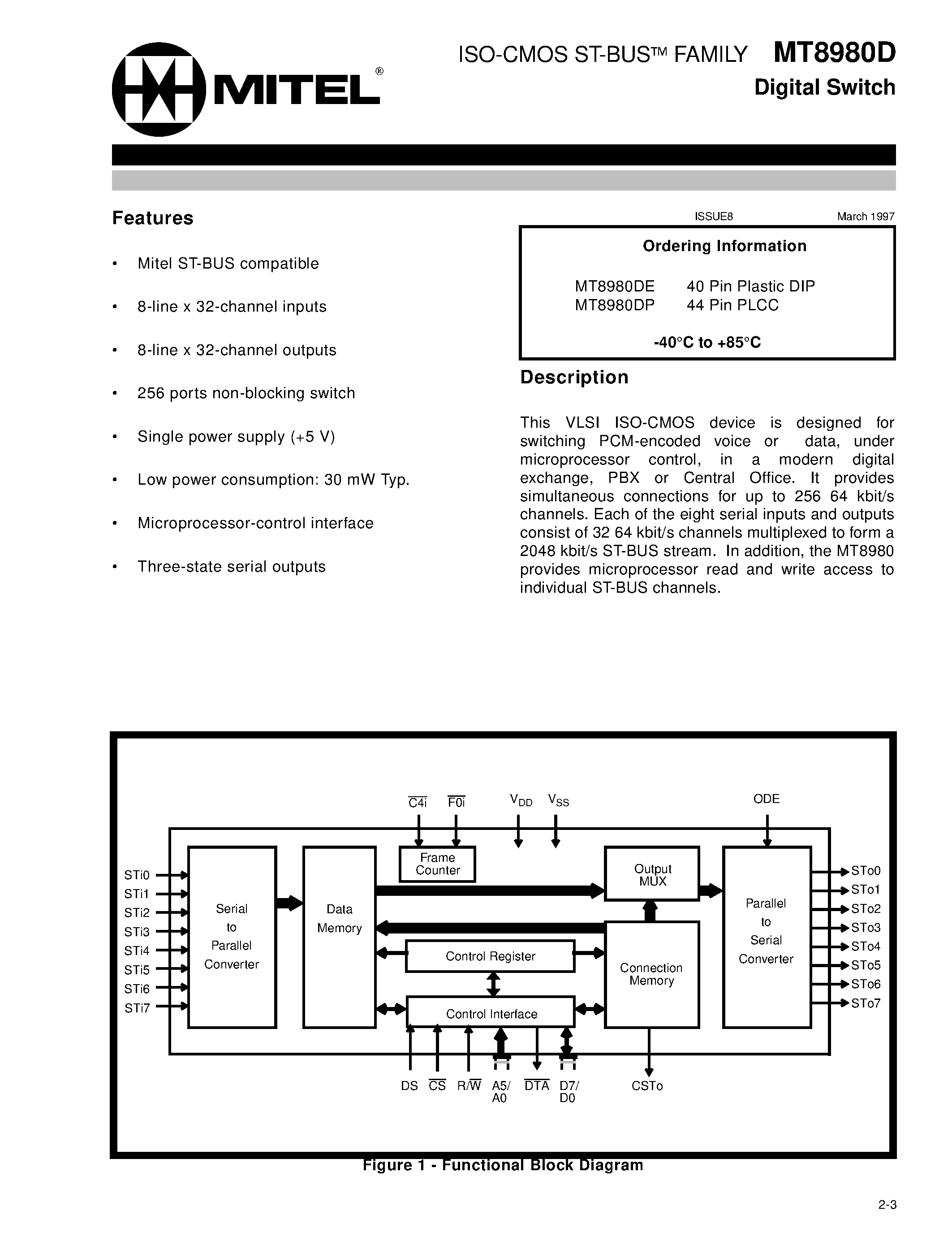 Datasheet MT8980D - ISO-CMOS ST-BUS FAMILY Digital Switch page 1