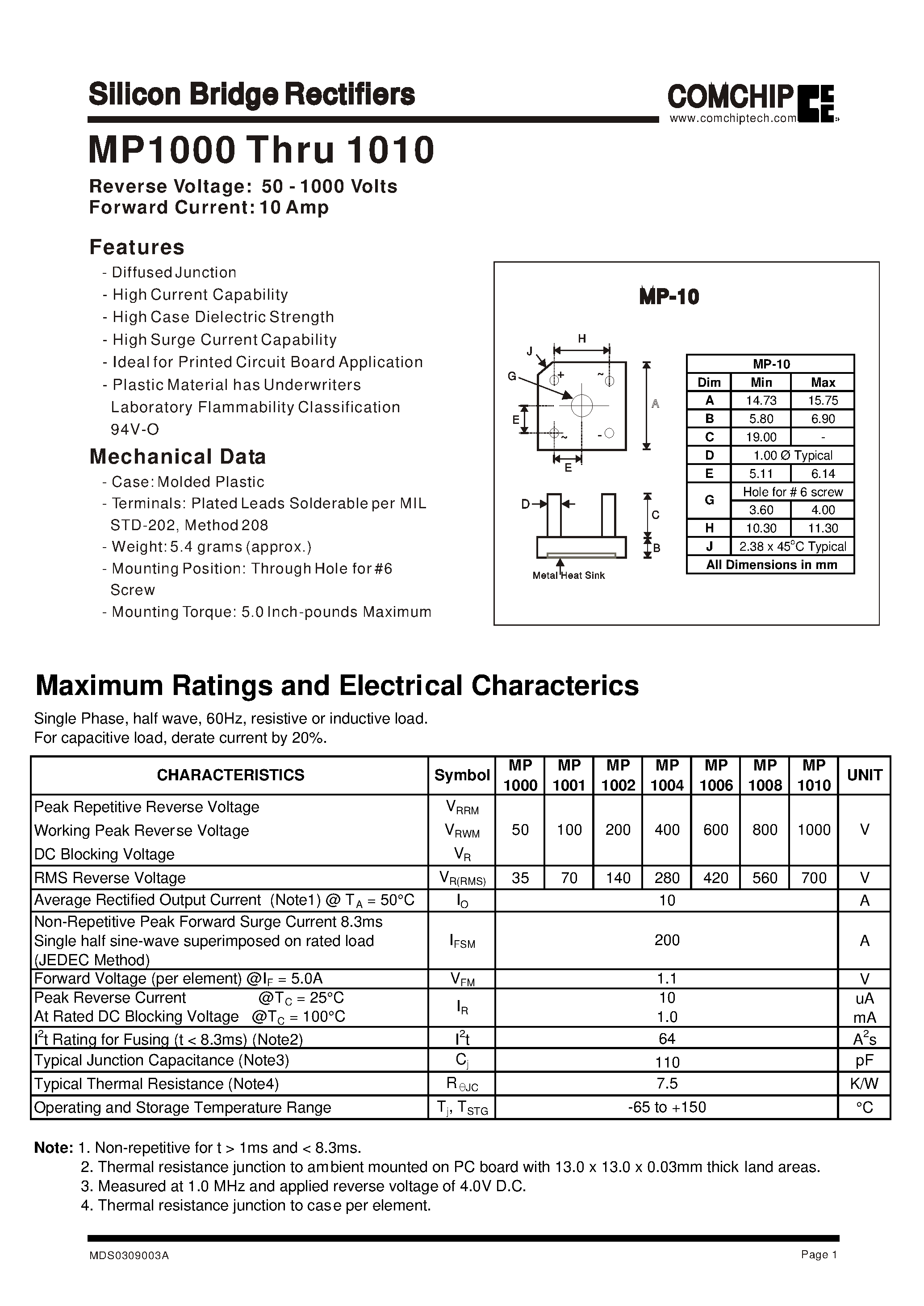 Datasheet MP1010 page 1 Datasheet MP1010 - Silicon Bridge Rectifiers page 1