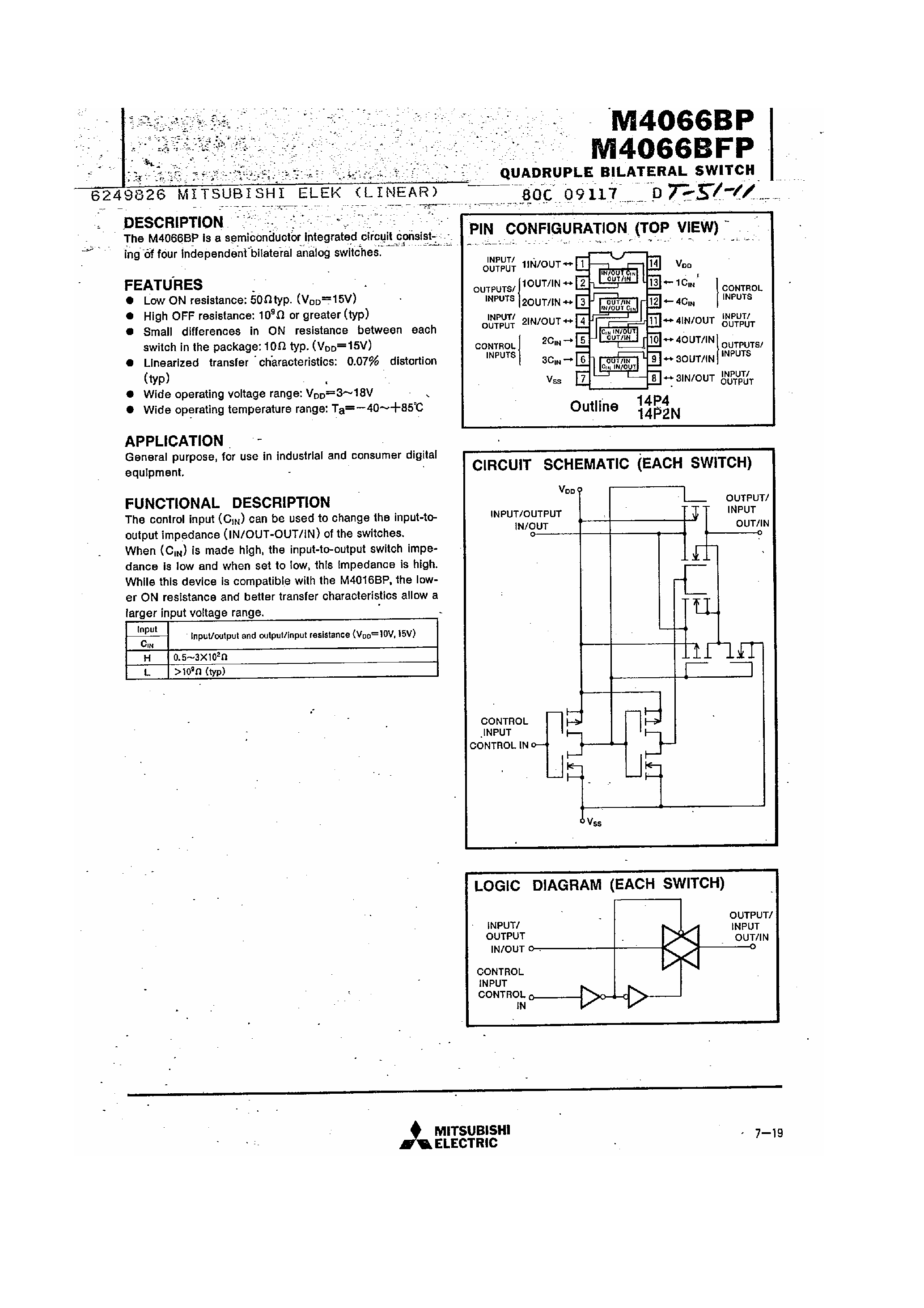 Datasheet M4066B page 1 Datasheet M4066B - Quadruple Bilateral Switch page 1