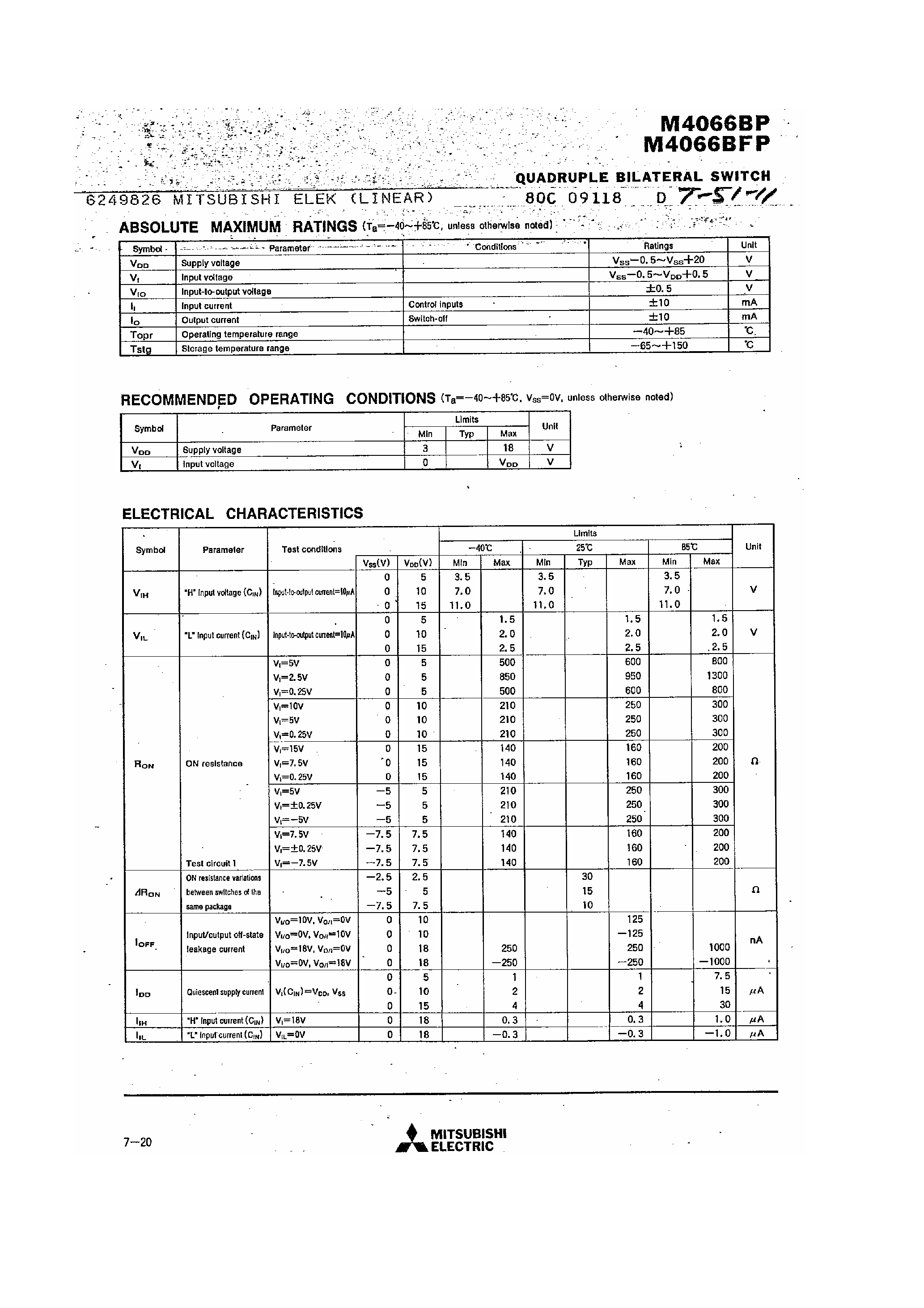 Datasheet M4066B page 2 Datasheet M4066B - Quadruple Bilateral Switch page 2