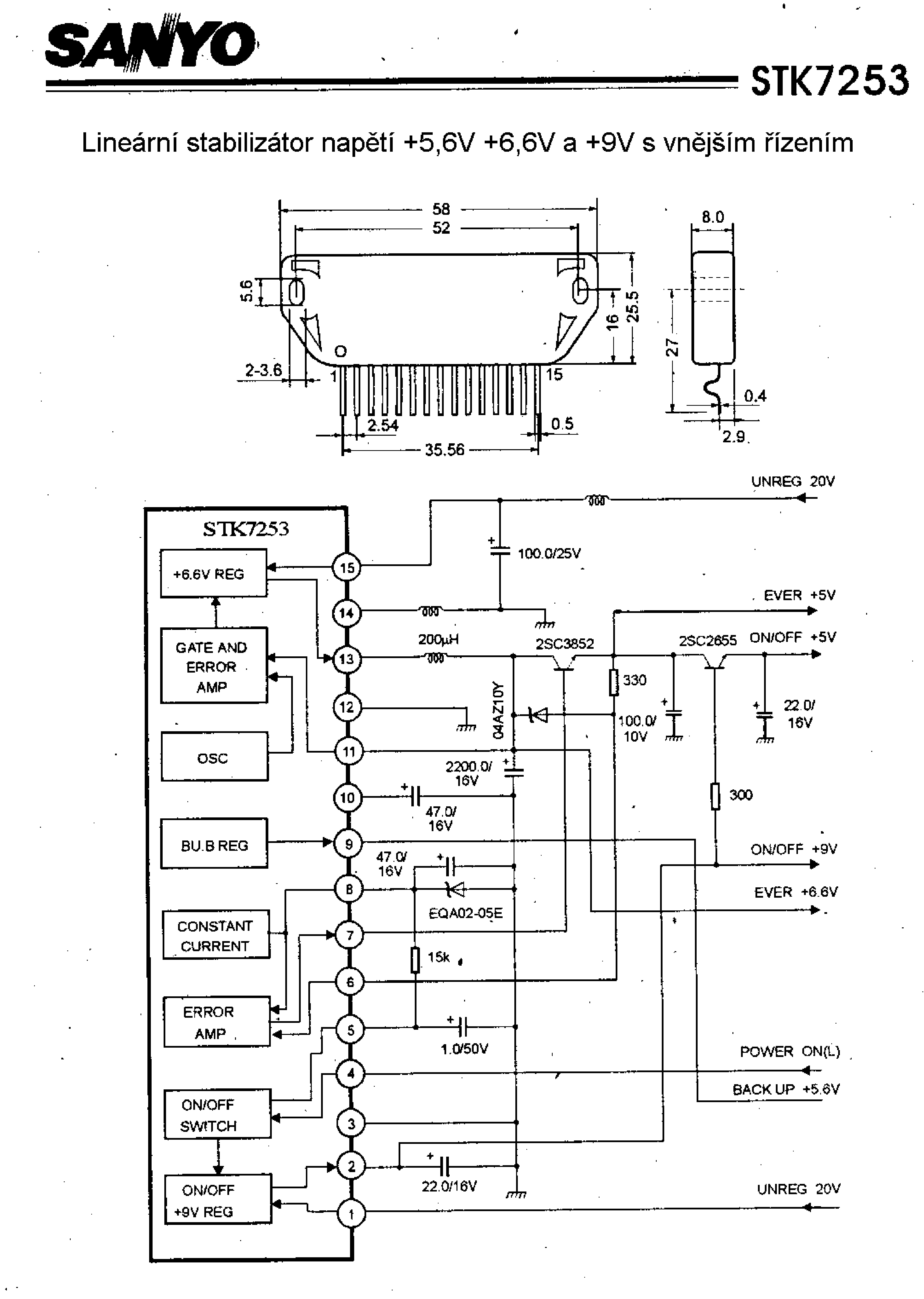 Datasheet STK7253 page 1 Datasheet STK7253 - Linearni stabilizator napeti +5 / 6V a +6 / 6V a +9V s vnejsim rizenim page 1