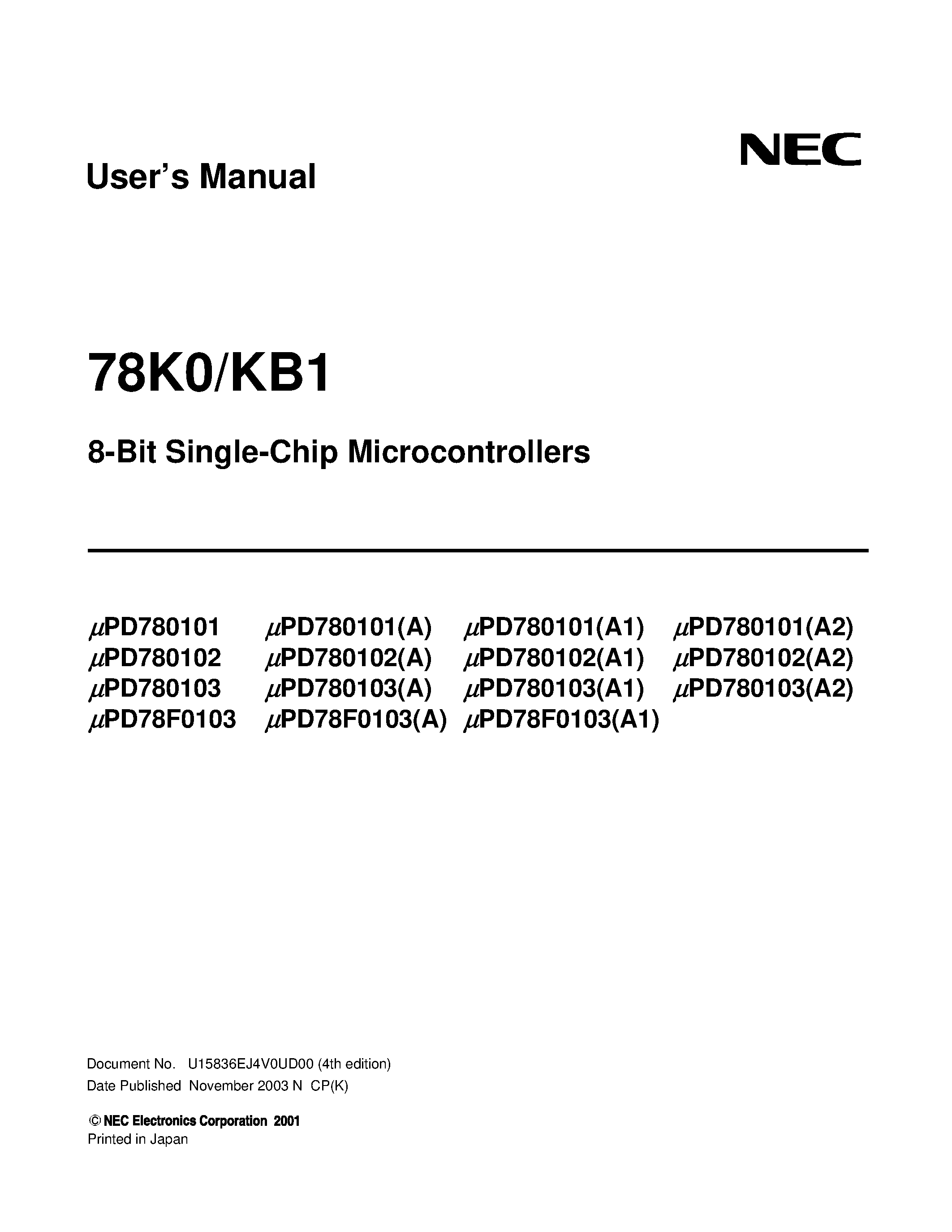 Даташит на микросхему UPD78F0103 страница 1 Даташит UPD78F0103 - 8-Bit Single-Chip Microcontrollers страница 1