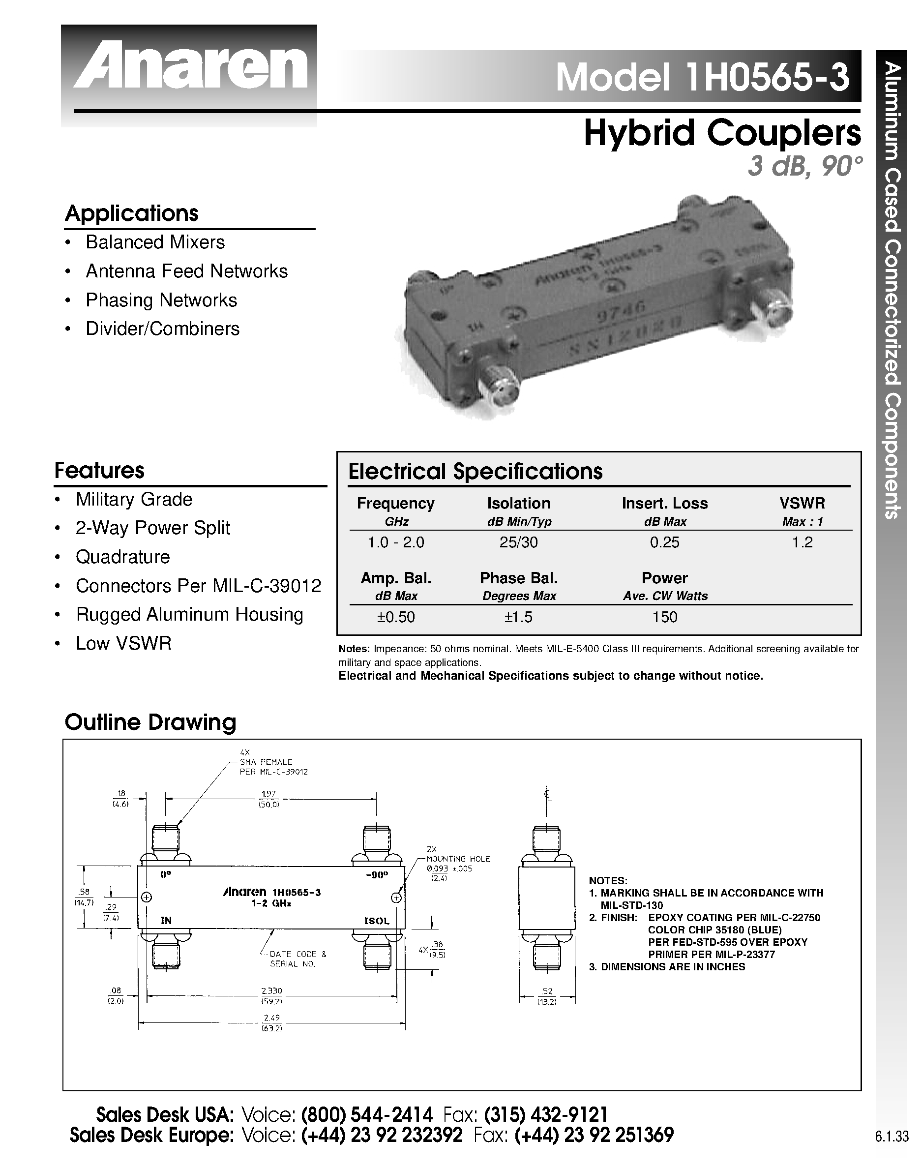 Datasheet 1H0565-3 page 1 Datasheet 1H0565-3 - Hybrid Couplers page 1