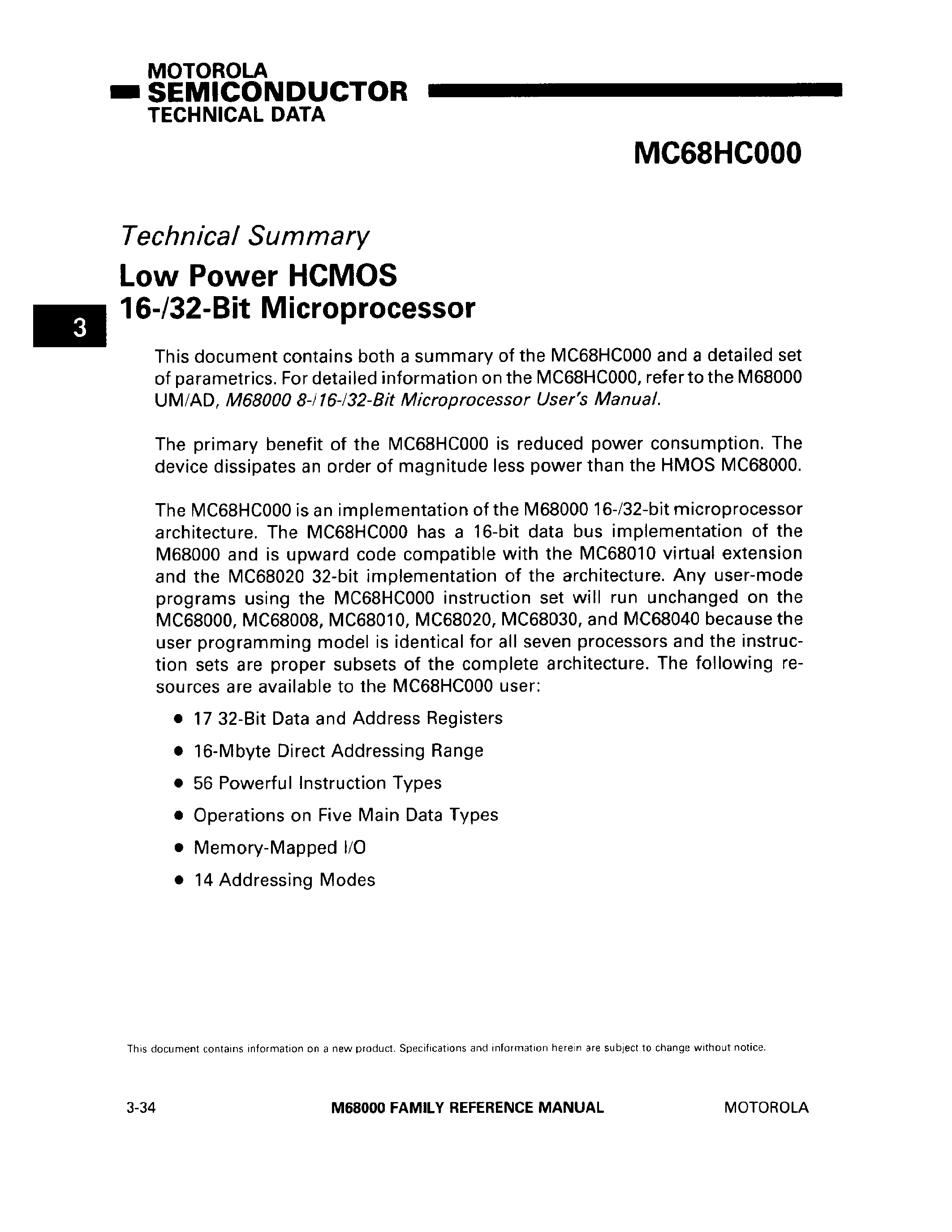 Даташит на микросхему MC68HC000 страница 1 Даташит MC68HC000 - Low Power HCMOS 16-/32-Bit Microprocessor страница 1