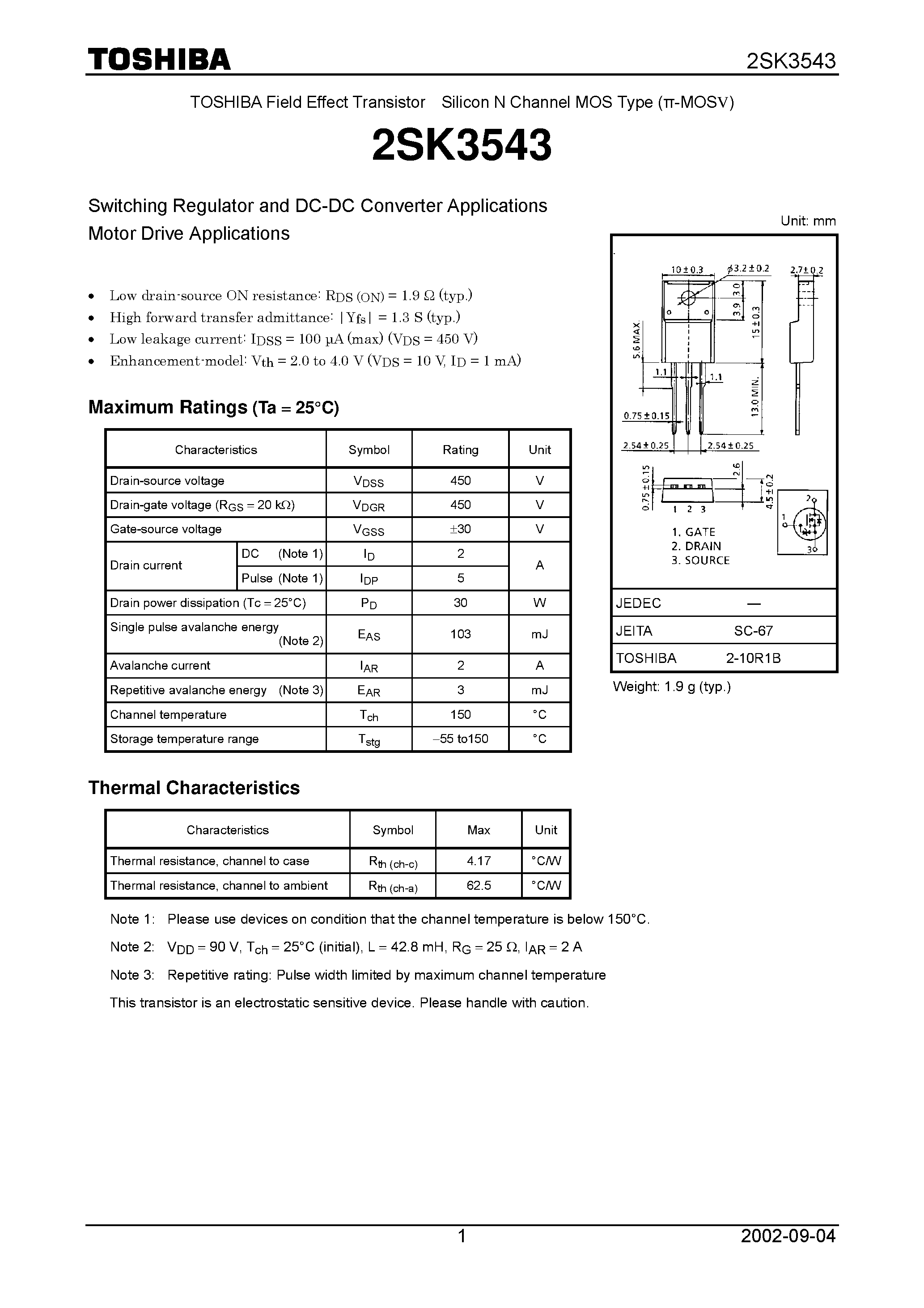Datasheet 2SK3543 - Field Effect Transistor Silicon N Channel MOS Type page 1
