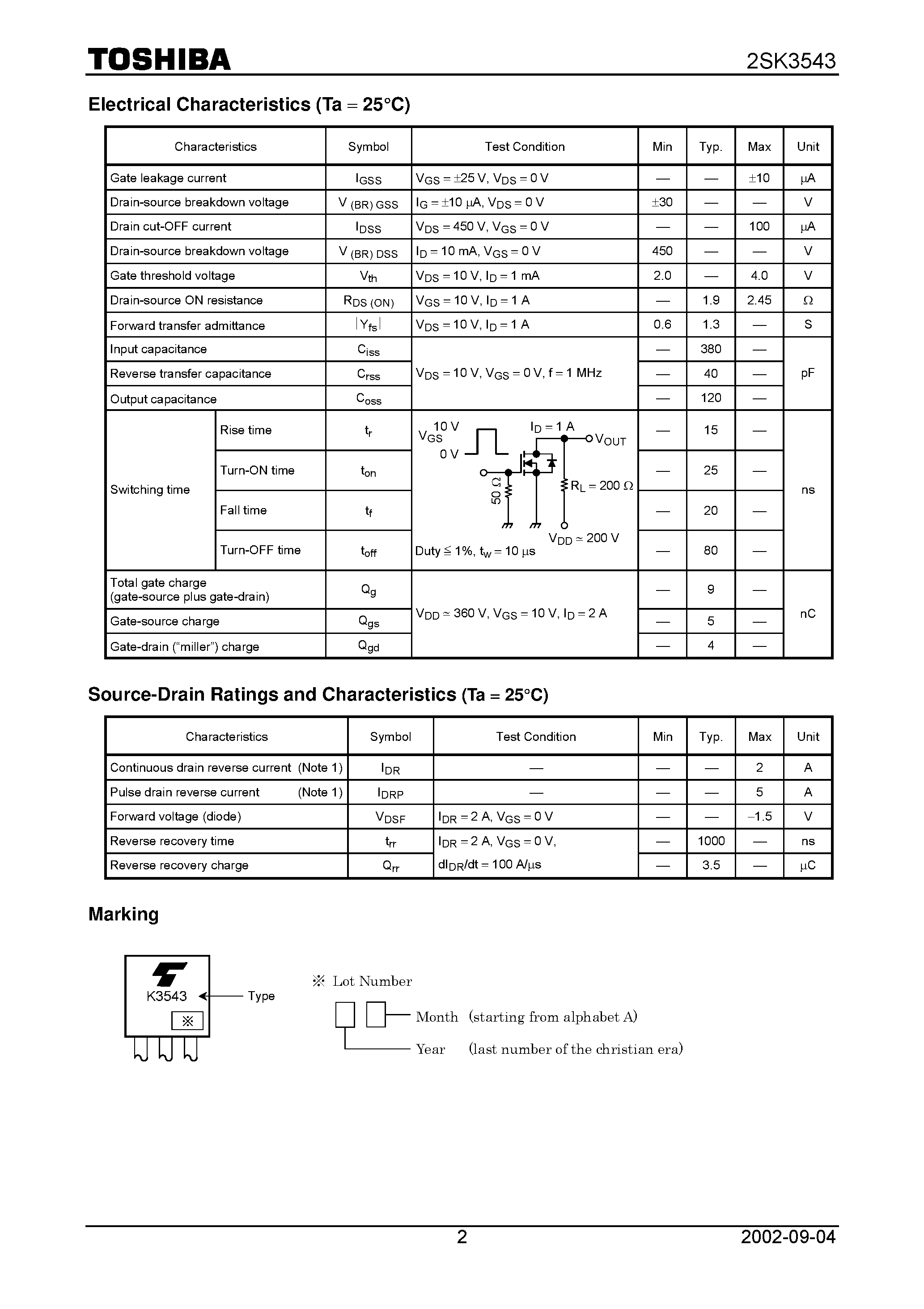 Datasheet 2SK3543 - Field Effect Transistor Silicon N Channel MOS Type page 2