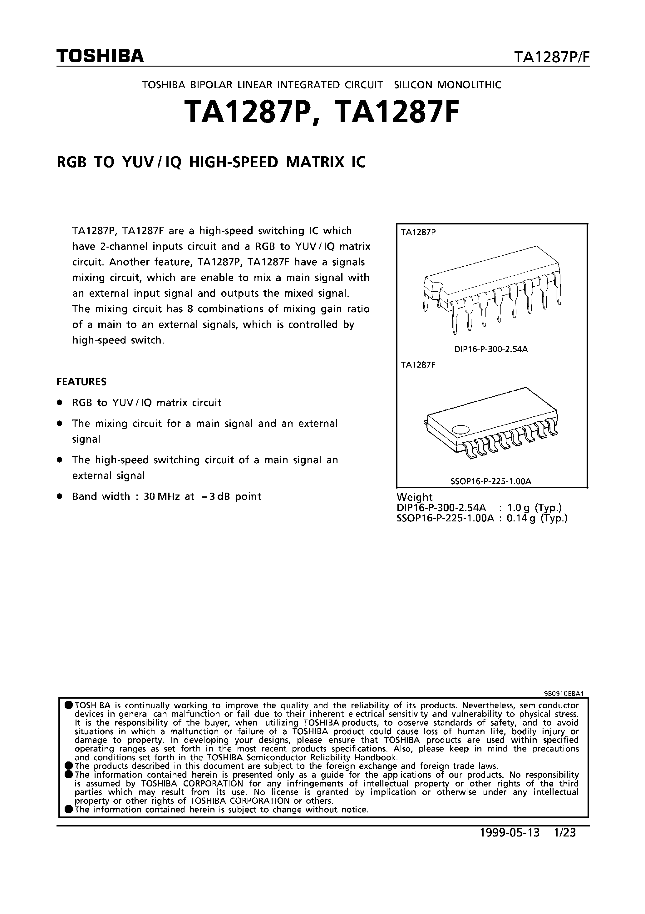 Даташит на микросхему TA1287 страница 1 Даташит TA1287 - RGB TO YUV/IQ HIGH-SPEED MATRIX IC страница 1