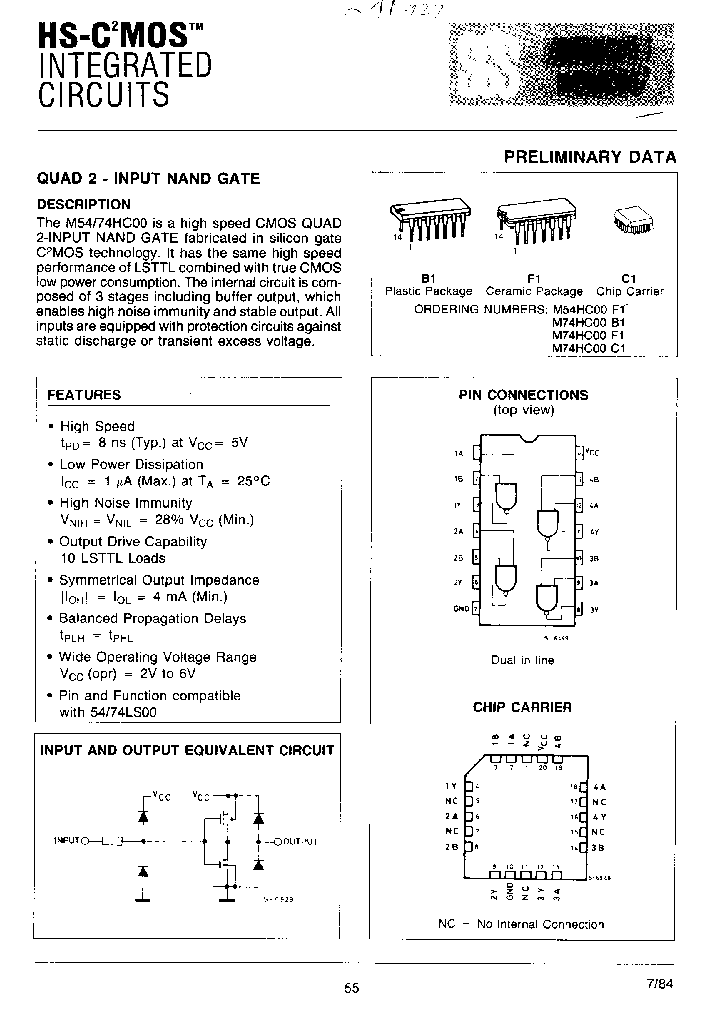 Даташит на микросхему M74HC00 страница 1 Даташит M74HC00 - Quad 2 Input NAND Gate страница 1