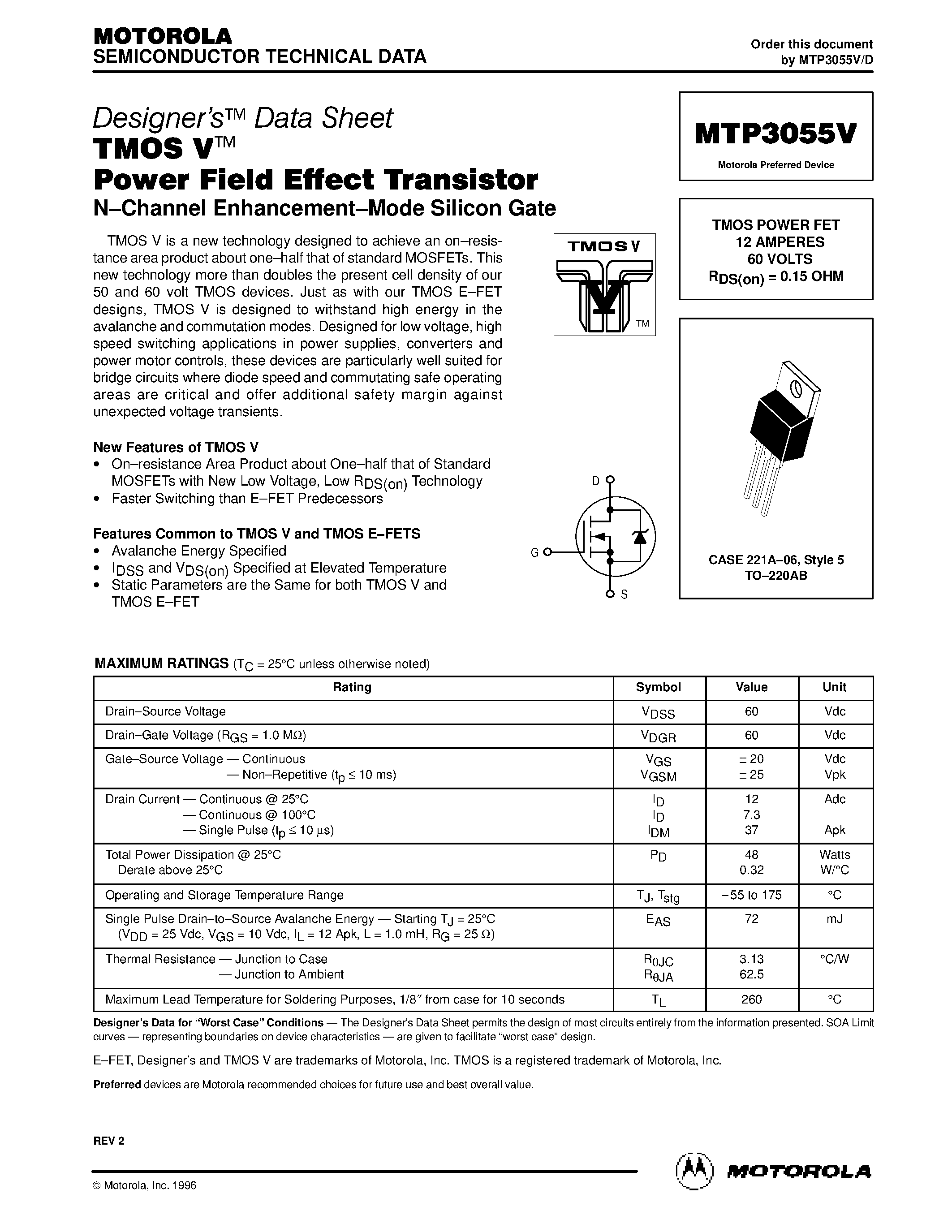 Datasheet MTP3055 - TMOS POWER FET 12 AMPERES 60 VOLTS RDS(on) = 0.15 OHM page 1