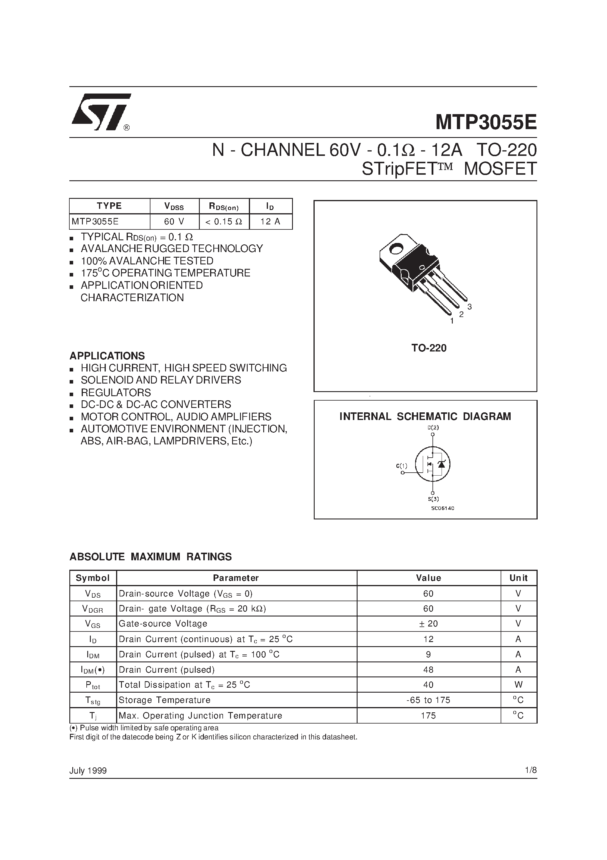 Datasheet MTP3055 - N - CHANNEL 60V - 0.1ohm - 12A TO-220 STripFET MOSFET page 1