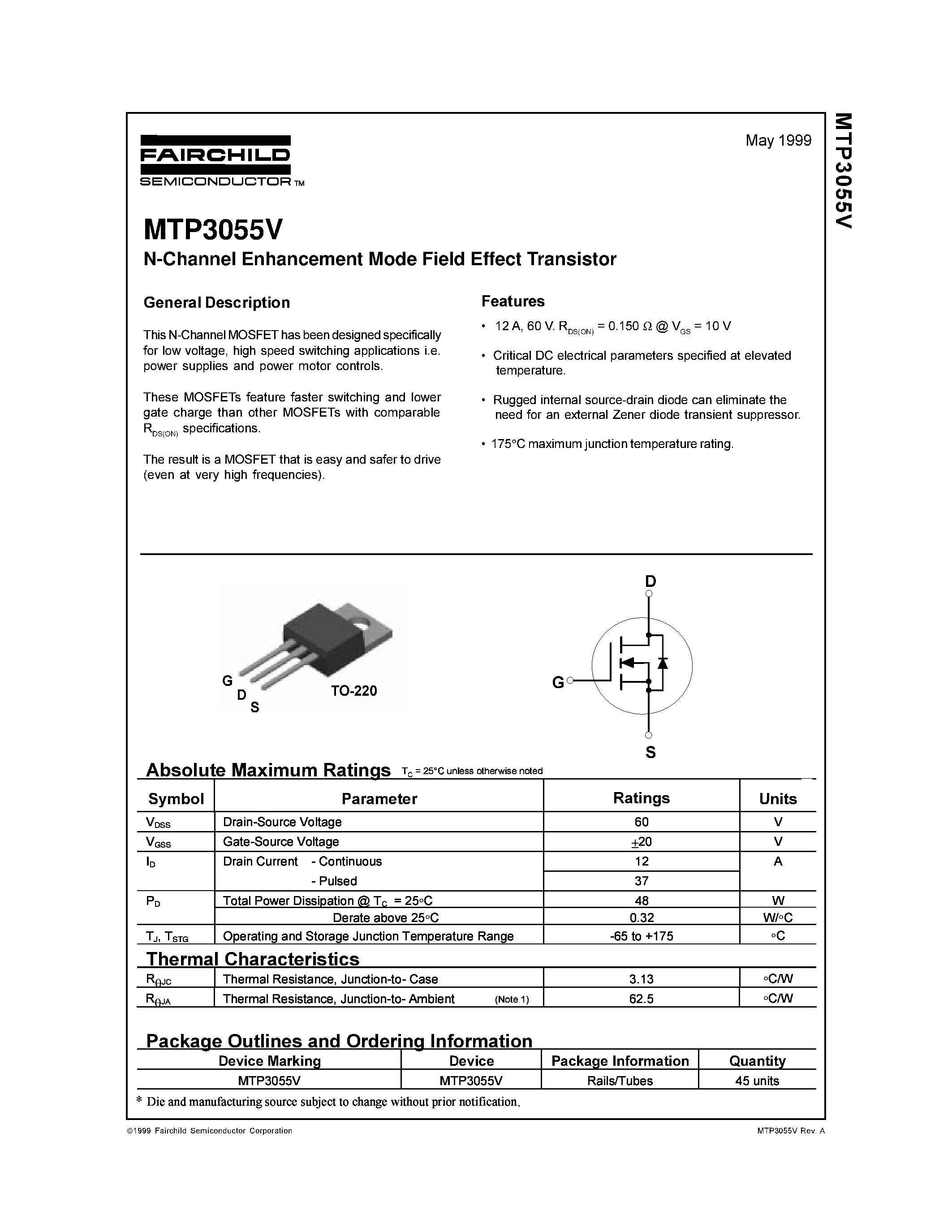 Datasheet MTP3055V - N-Channel Enhancement Mode Field Effect Transistor page 1