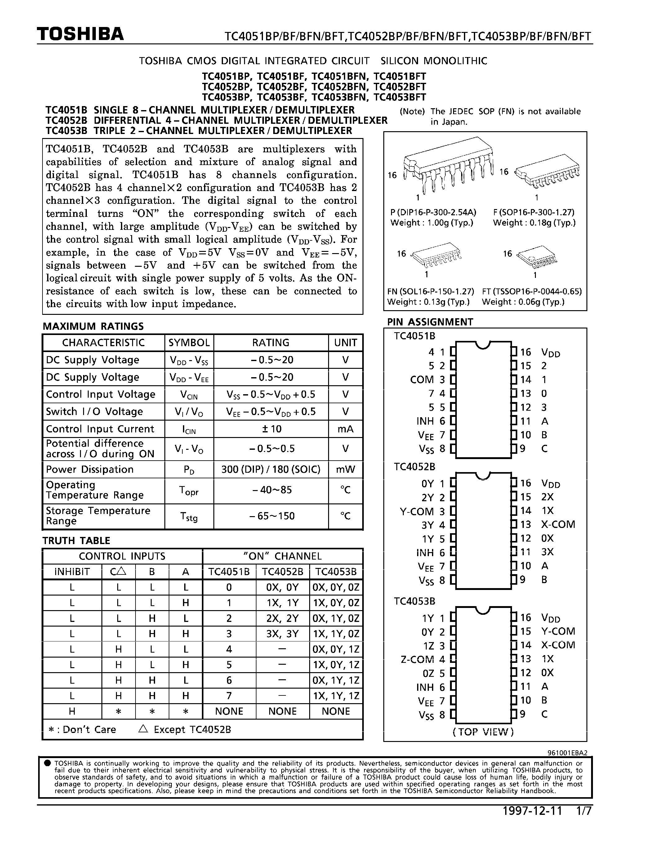Datasheet TC4052 page 1 Datasheet TC4052 - SINGLE 8-CHANNEL MULTIPLEXER/DEMULTIPLEXER page 1