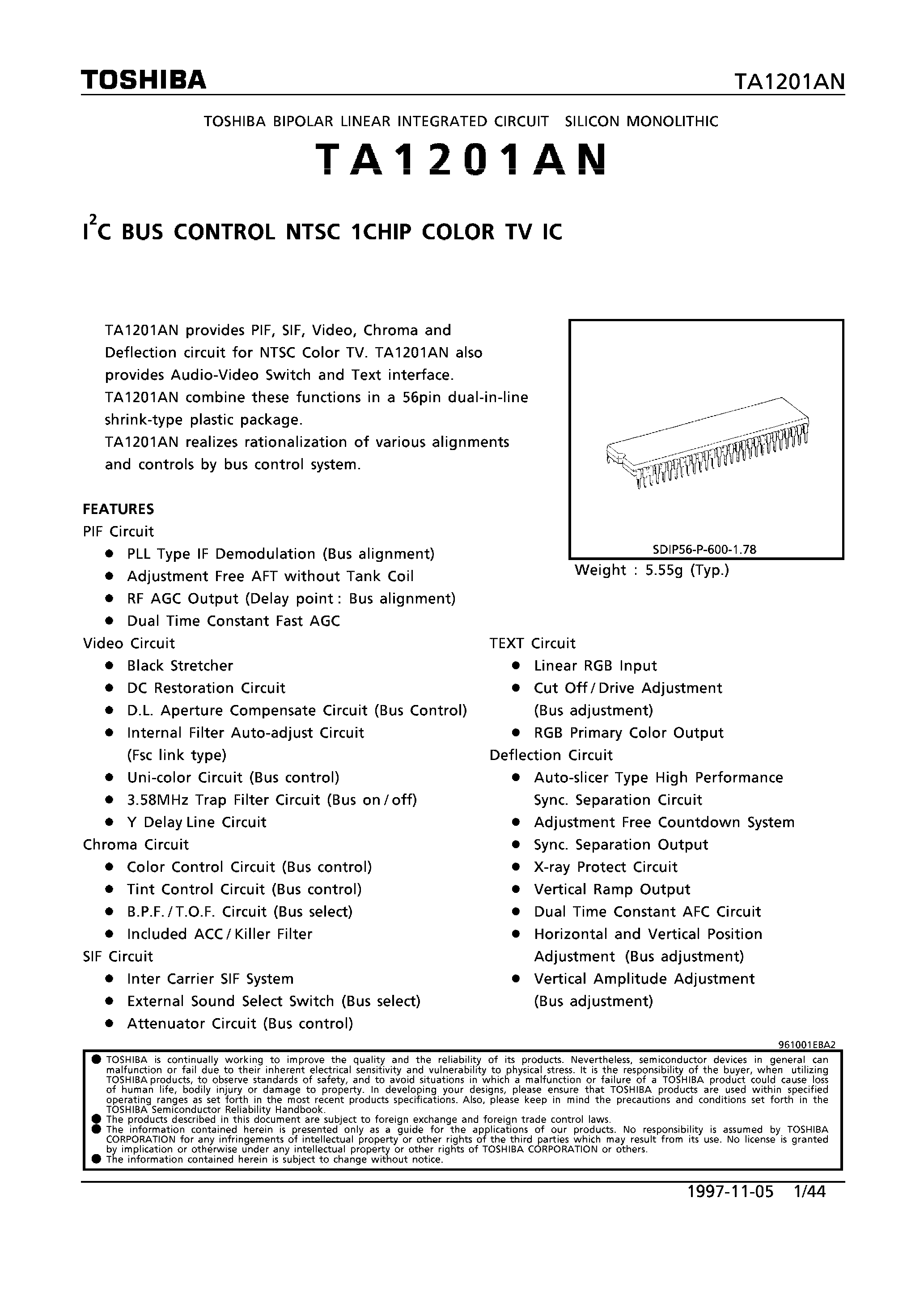 Datasheet TA1201AN page 1 Datasheet TA1201AN - I2C BUS CONTROL NTSC 1CHIP COLOR TV IC page 1