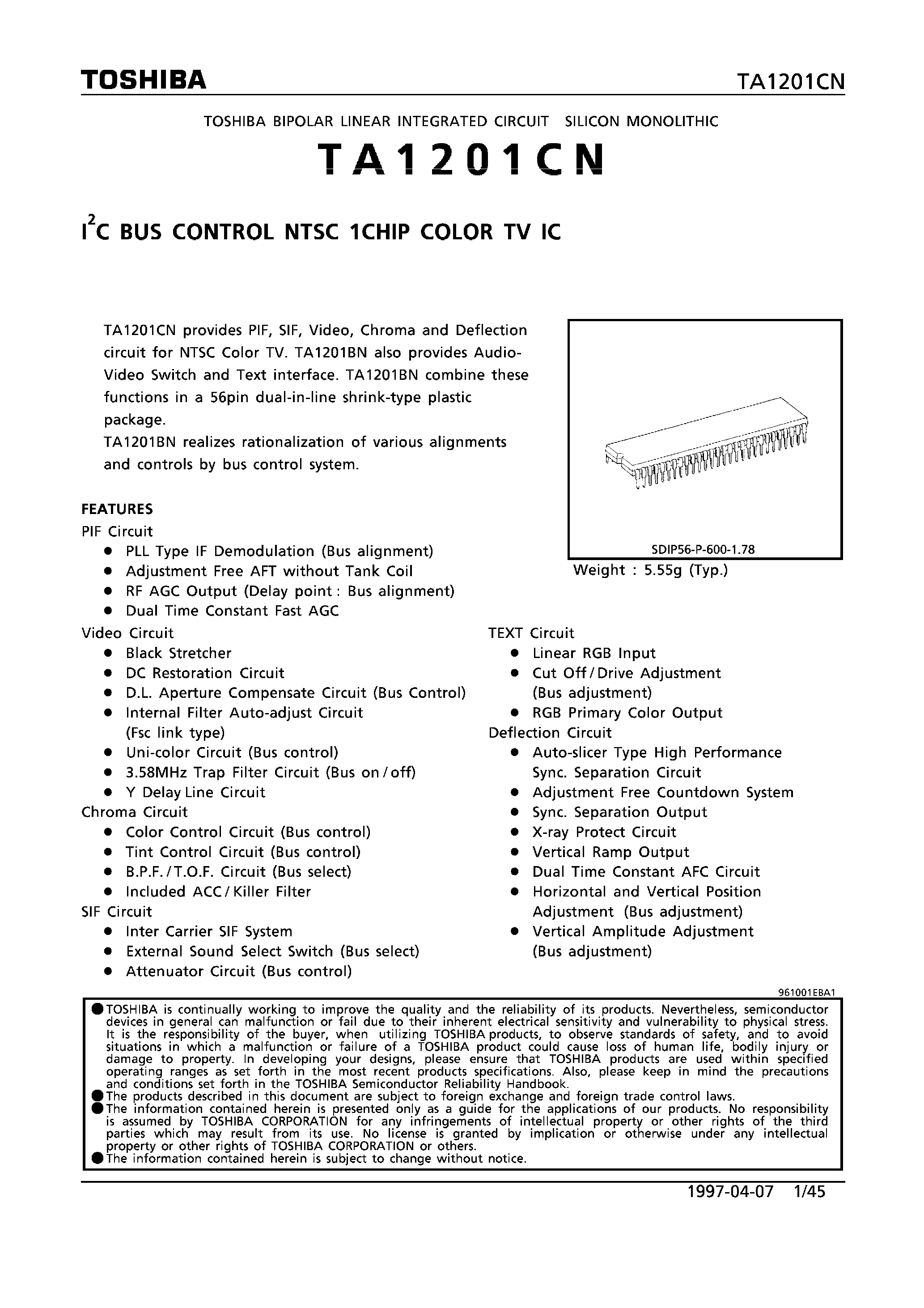 Datasheet TA1201CN page 1 Datasheet TA1201CN - I2C BUS CONTROL NTSC 1CHIP COLOR TV IC page 1