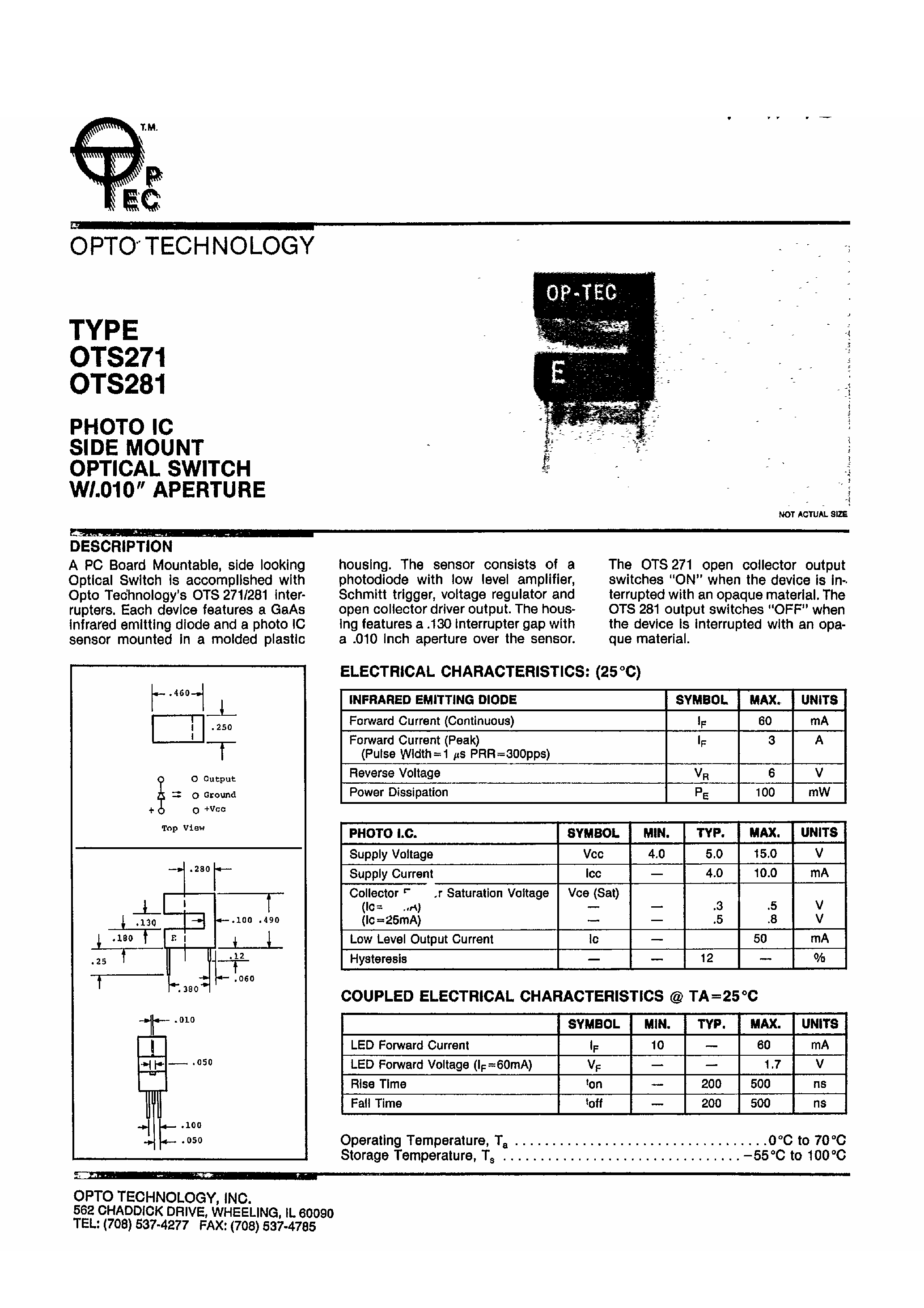 Datasheet OTS281 - Photo IC / Side Mount / Optical Switch page 1