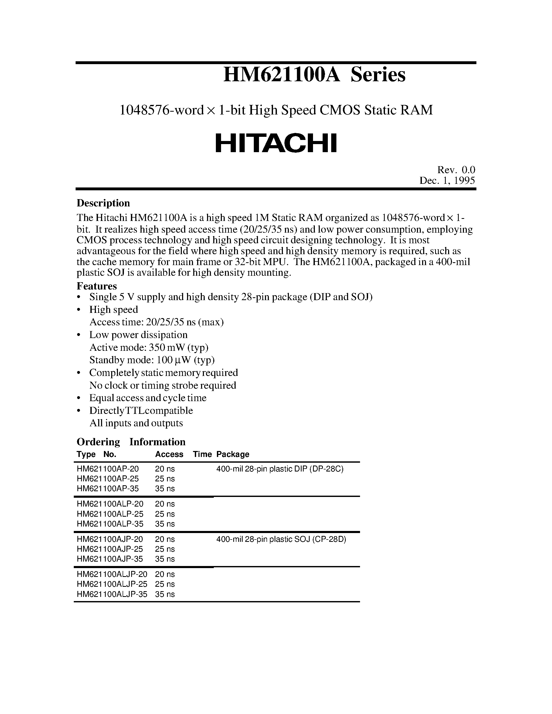 Даташит HM621100A - 1048576 word / 1 Bit High Speed CMOS Static RAM страница 1