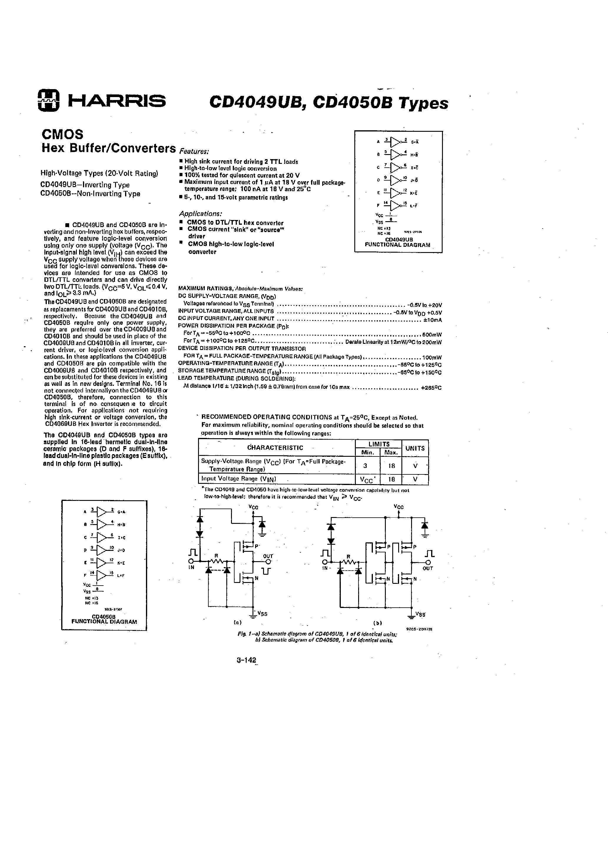 Datasheet CD4050B page 1 Datasheet CD4050B - CMOS Hex Buffer / Converters page 1