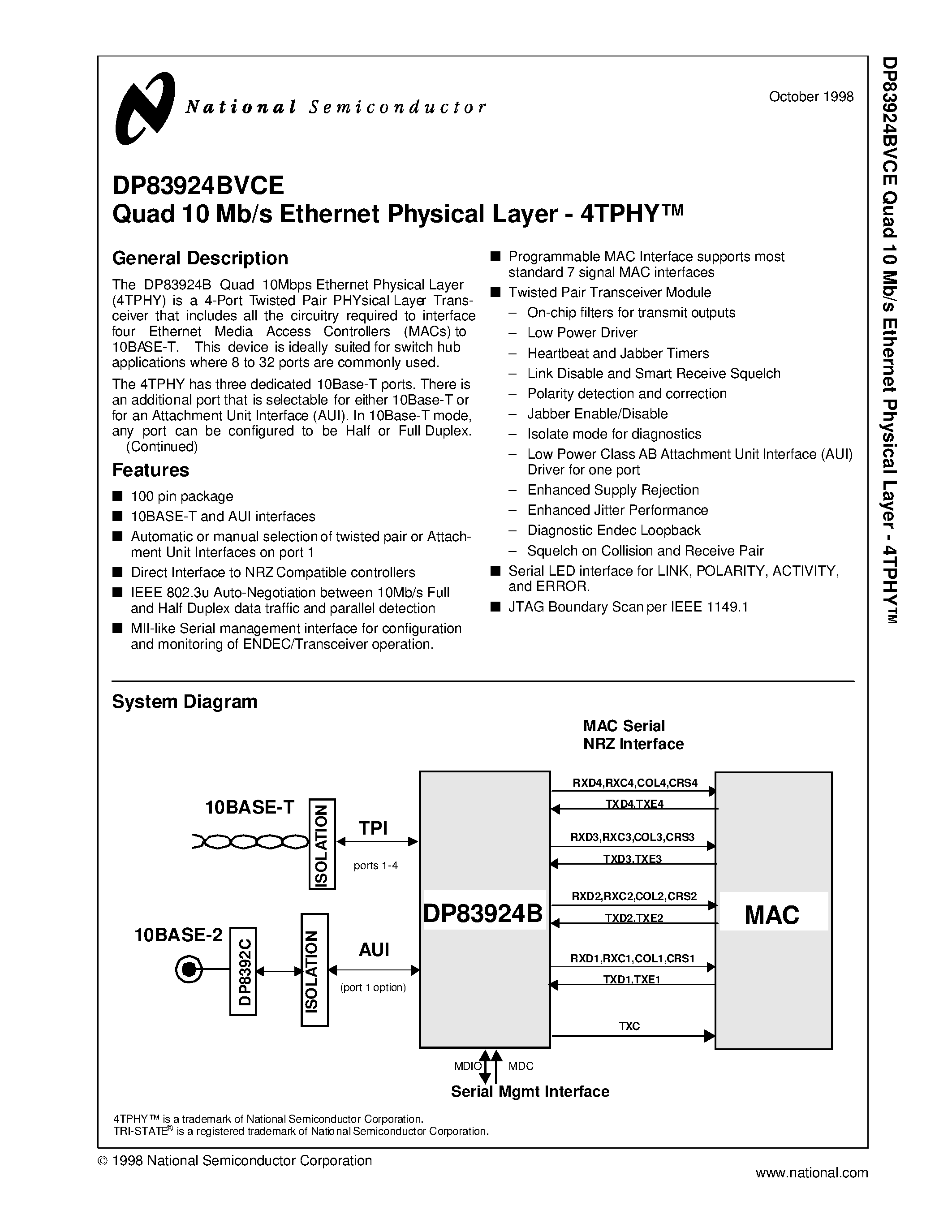 Datasheet DP83924 page 1 Datasheet DP83924 - Quad 10 Mb/s Ethernet Physical Layer - 4TPHY page 1