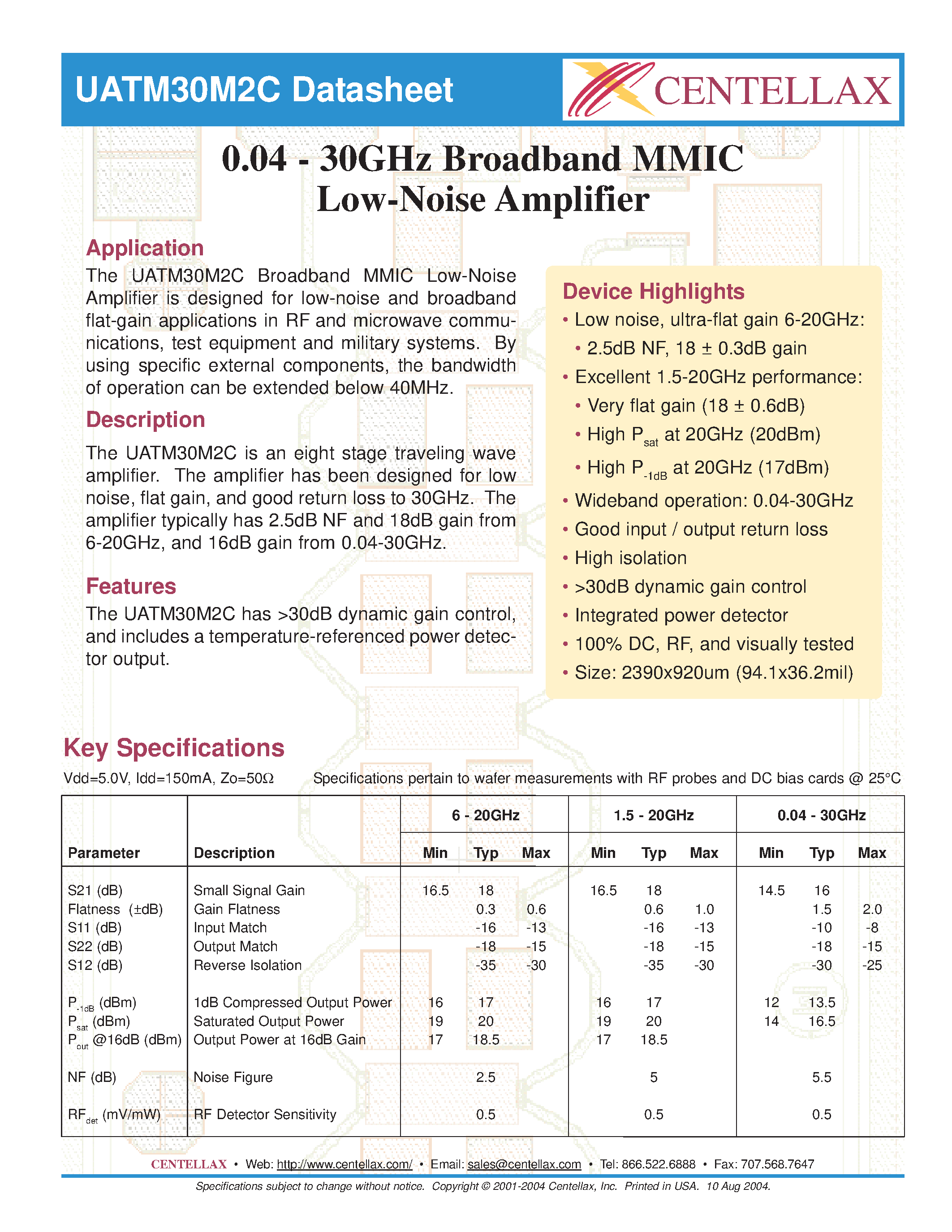 Datasheet UATM30M2C page 1 Datasheet UATM30M2C - 0.04-30GHz Broadband MMIC Low Noise Amplifier page 1