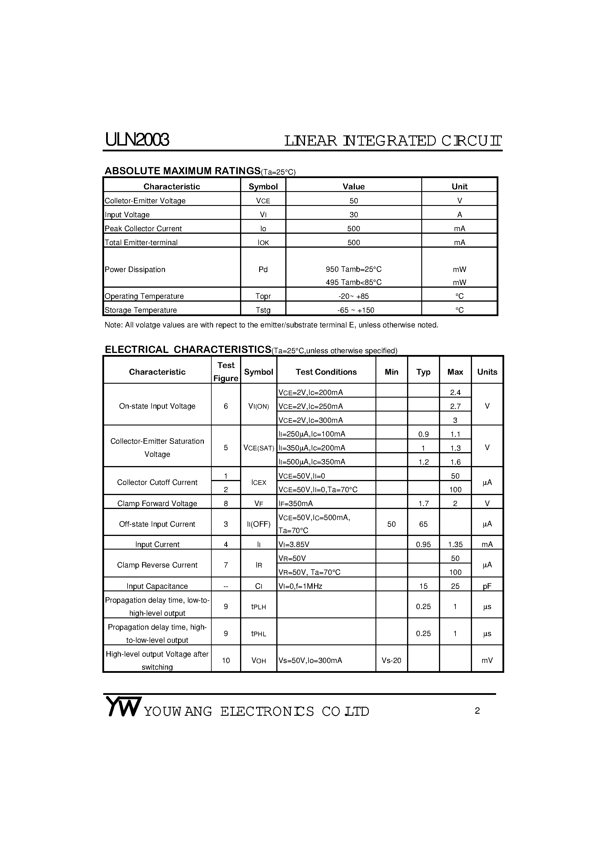 Datasheet ULN2003 page 2 Datasheet ULN2003 - High Voltage / High Current Darlington Transistor Arrays page 2