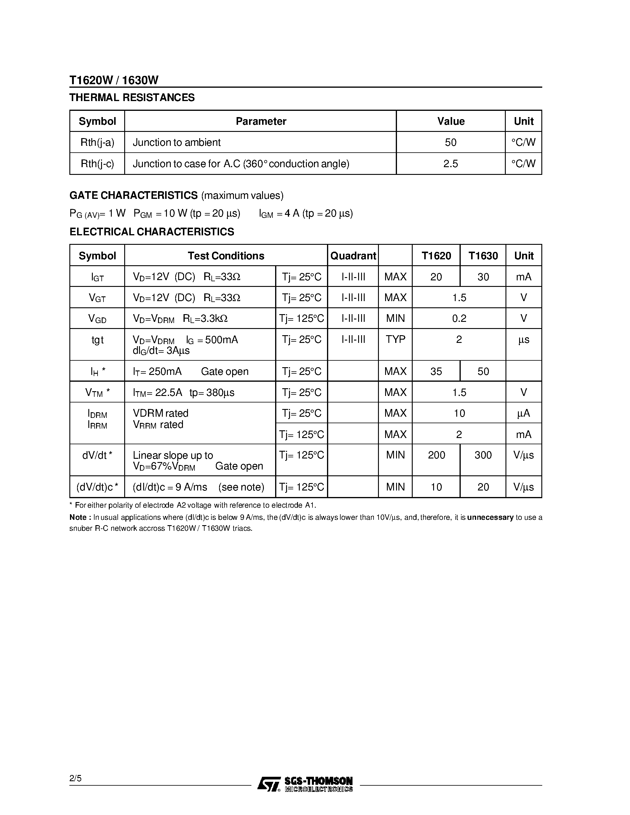 Datasheet T1630 - SNUBBERLESS TRIAC page 2