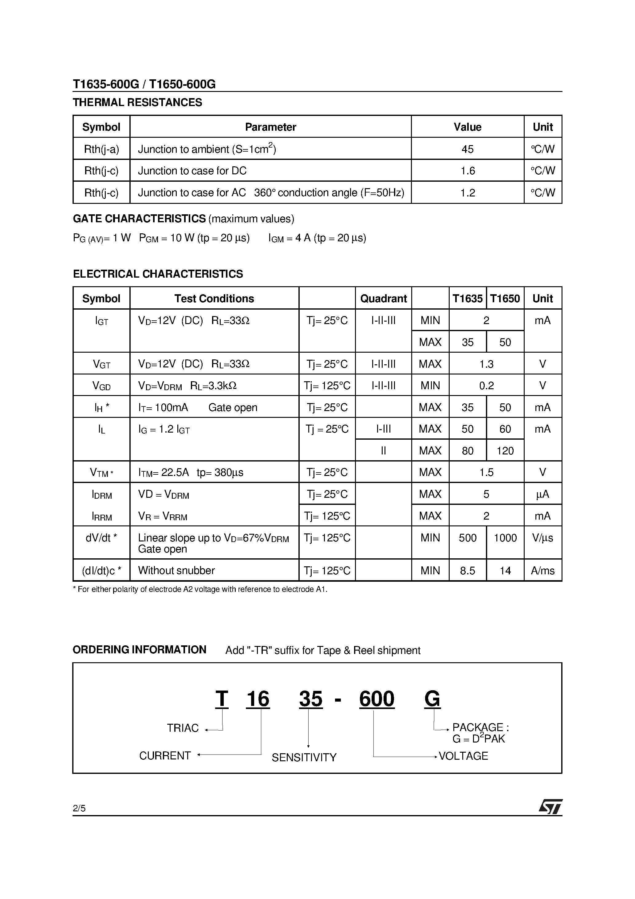 Datasheet T1635-600G - HIGH PERFORMANCE TRIAC page 2