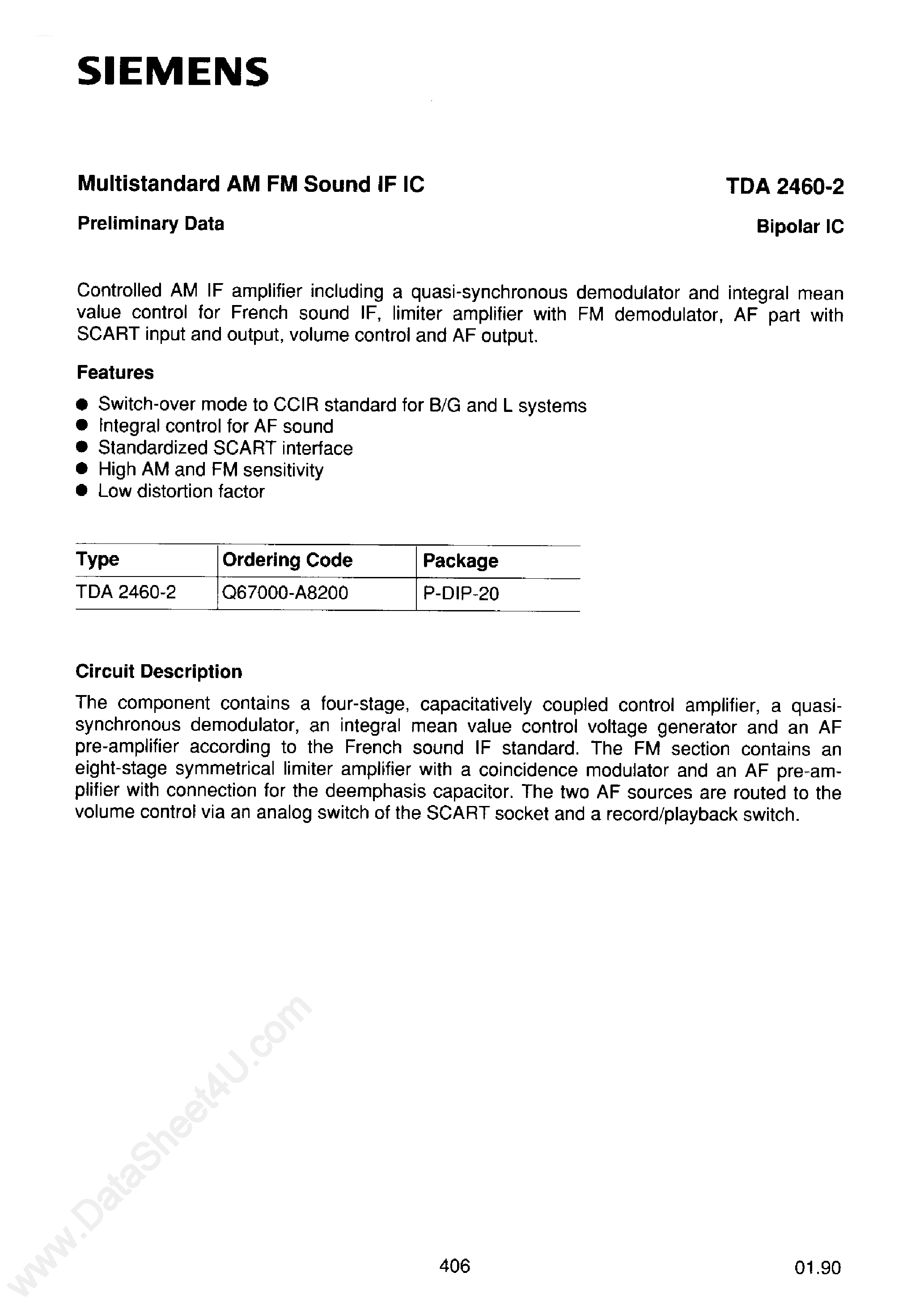 Datasheet TDA2460 - Multistandard AM FM Sound IF IC page 1