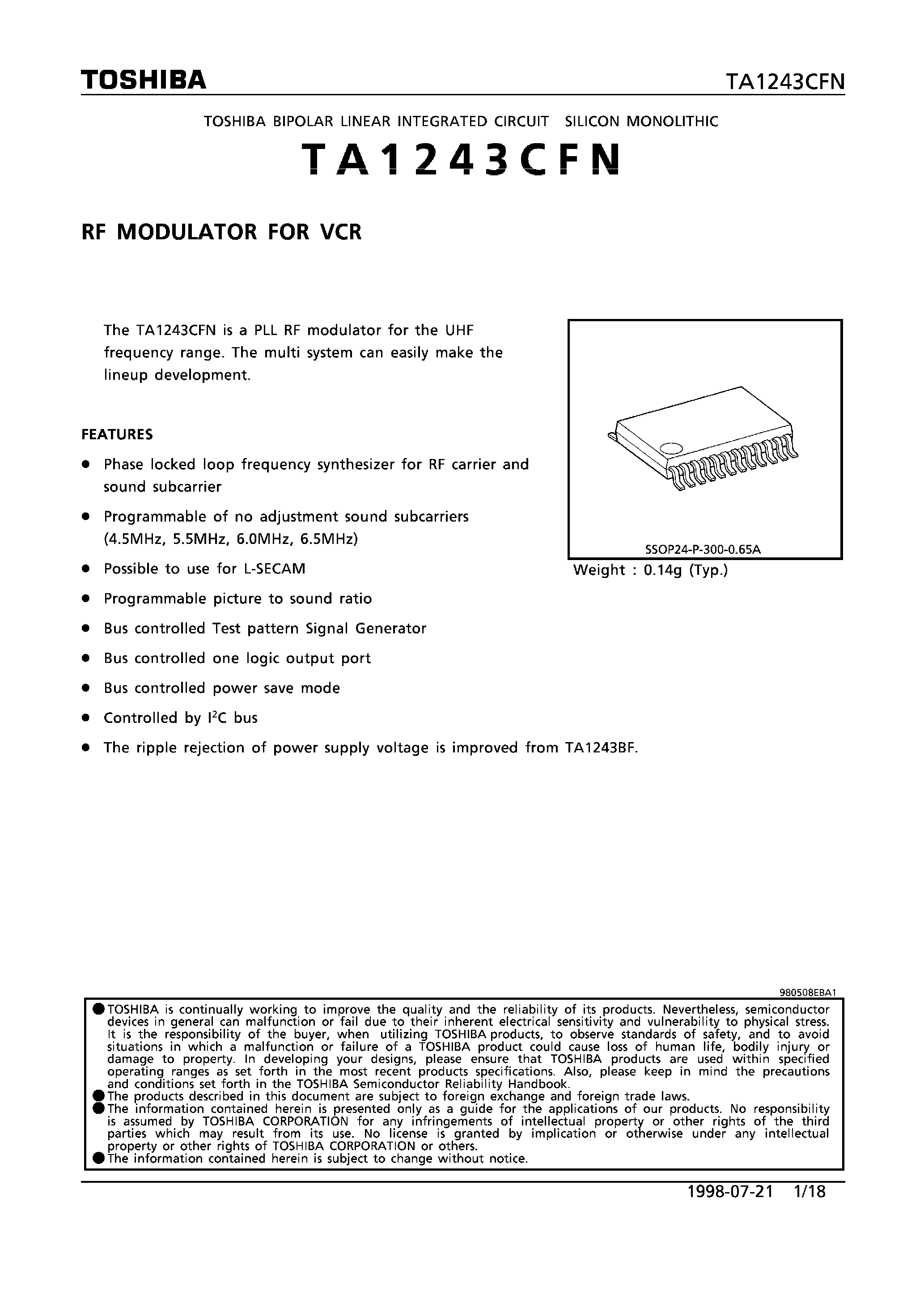 Datasheet TA1243CFN - RF MODULATOR FOR VCR page 1