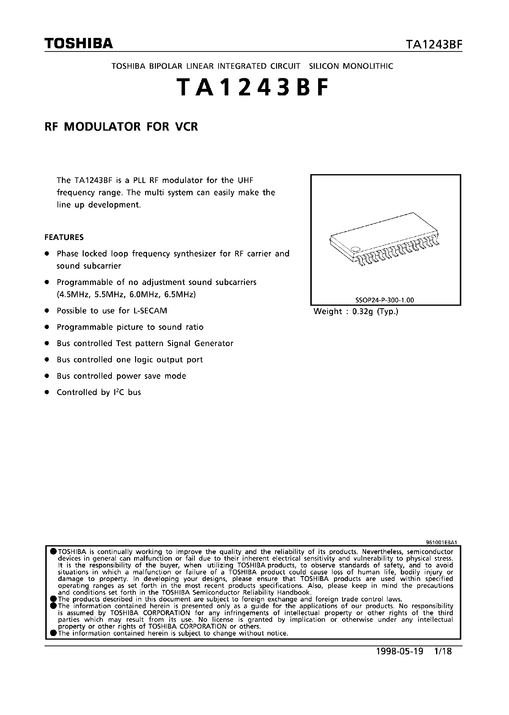 Datasheet TA1243BF - RF MODULATOR FOR VCR page 1