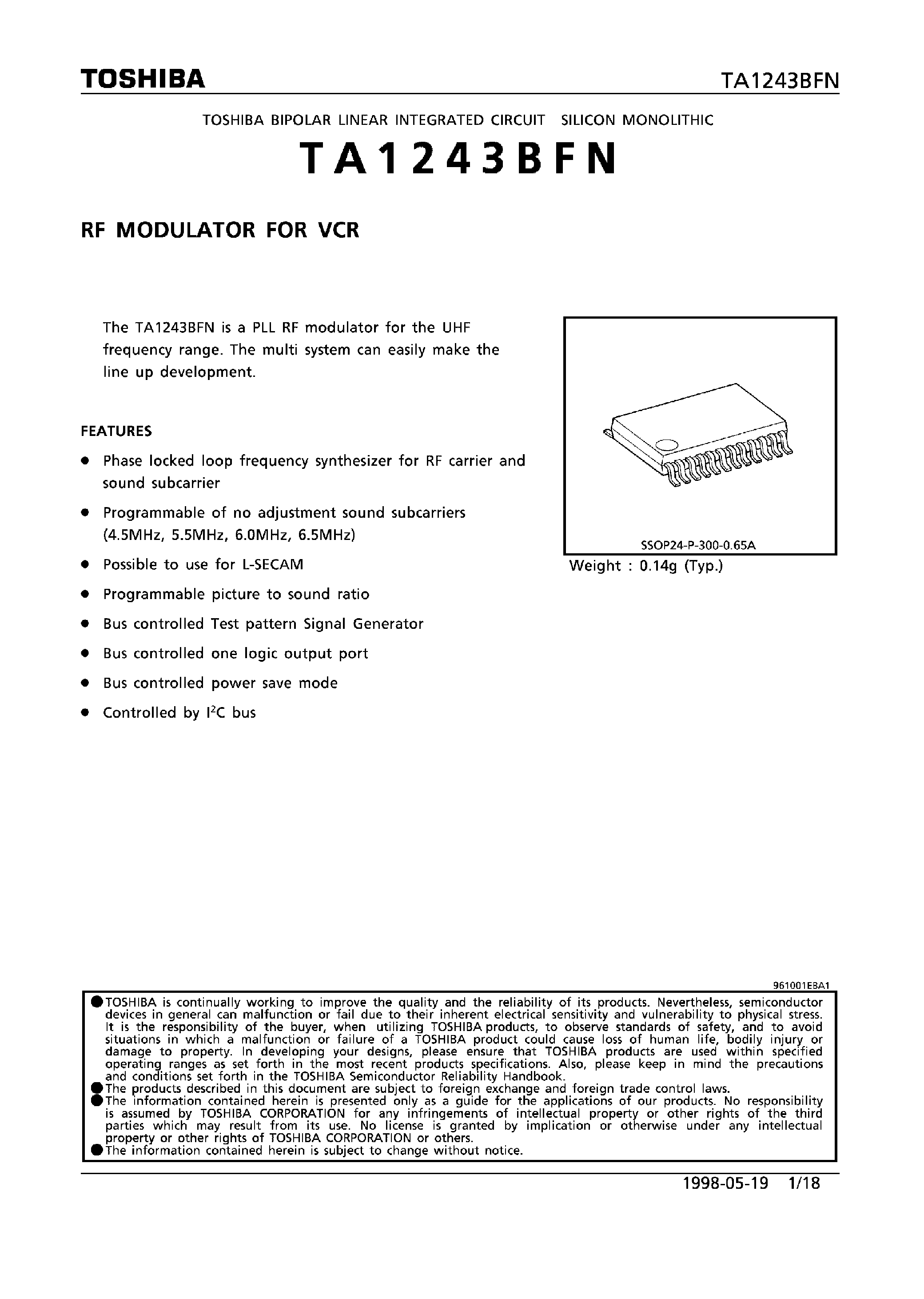 Datasheet TA1243BFN - RF MODULATOR FOR VCR page 1