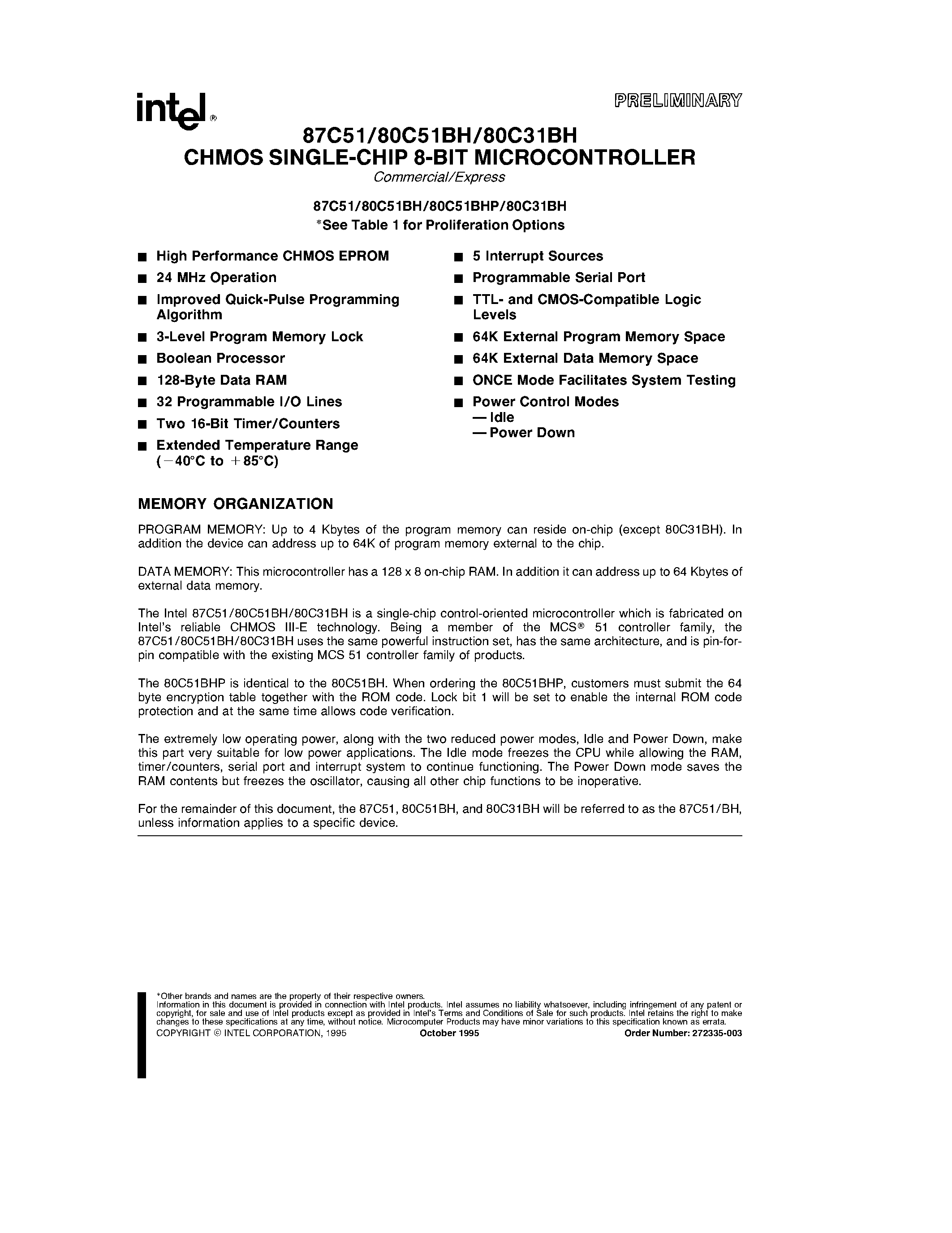 Datasheet D80C51 page 1 Datasheet D80C51 - CHMOS SINGLE-CHIP 8-BIT MICROCONTROLLER page 1