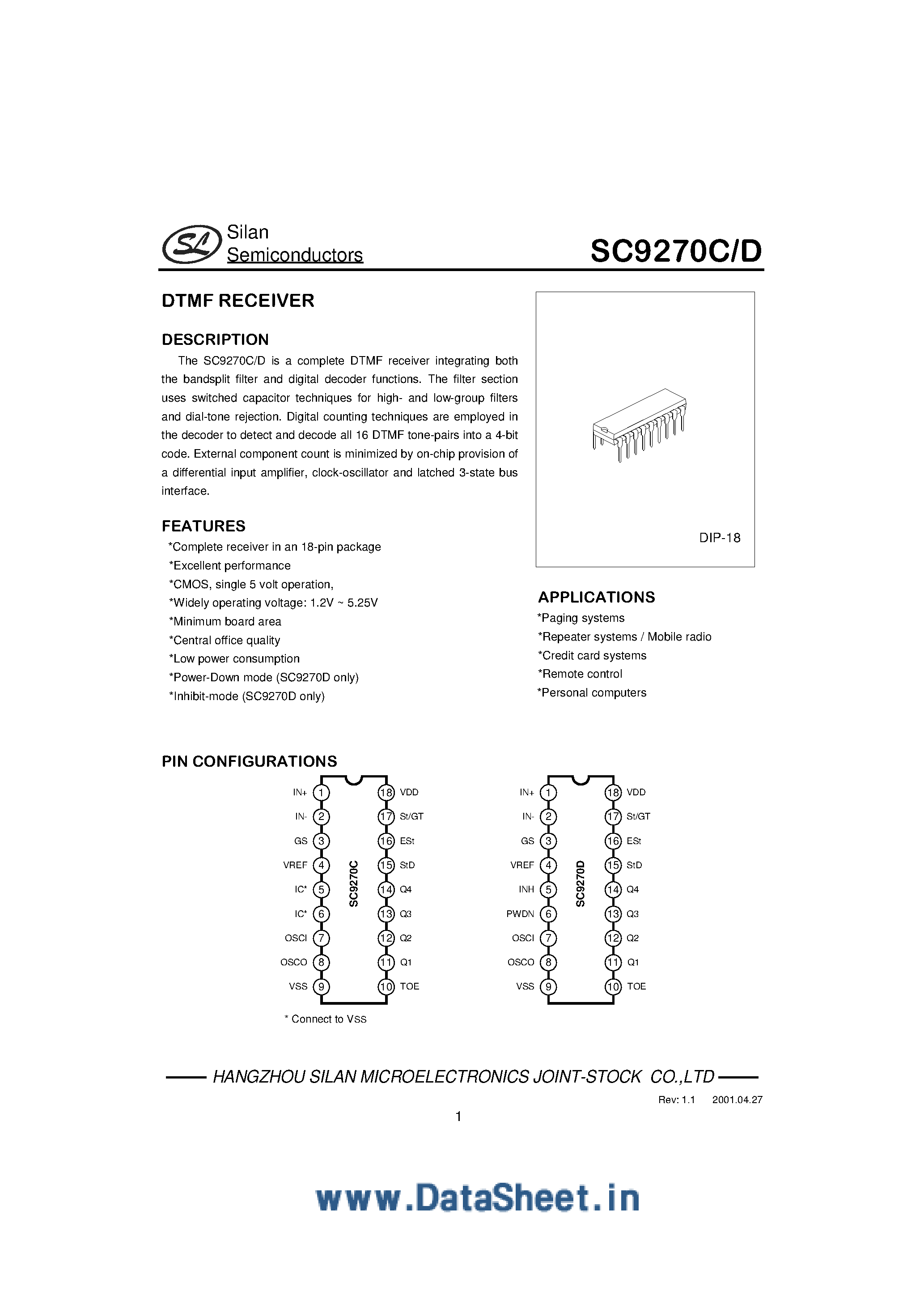 Datasheet SC9270 - 6.0V PLL for digital tuning systems (DTS) page 1
