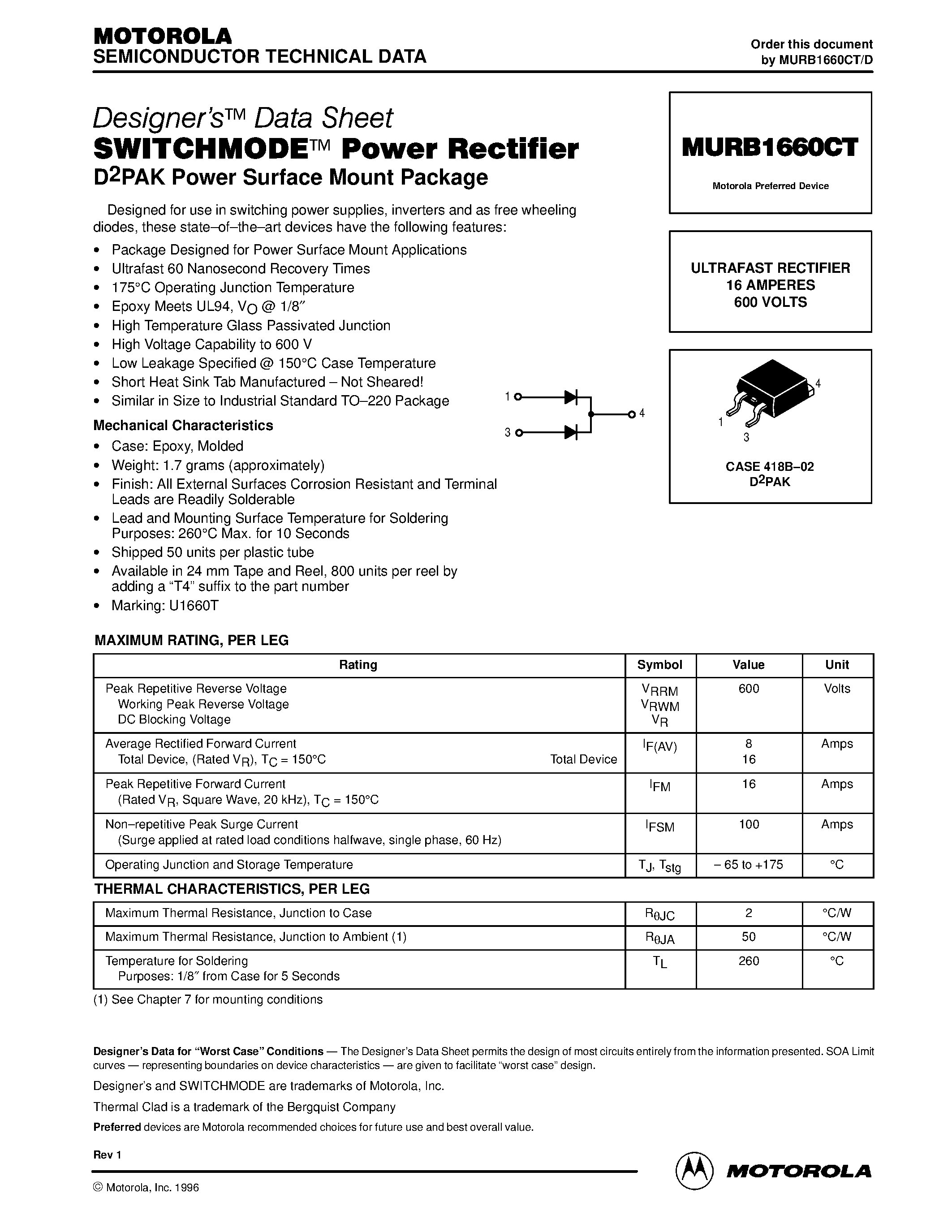 Даташит MURB1660CT - ULTRAFAST RECTIFIER 16 AMPERES 600 VOLTS страница 1