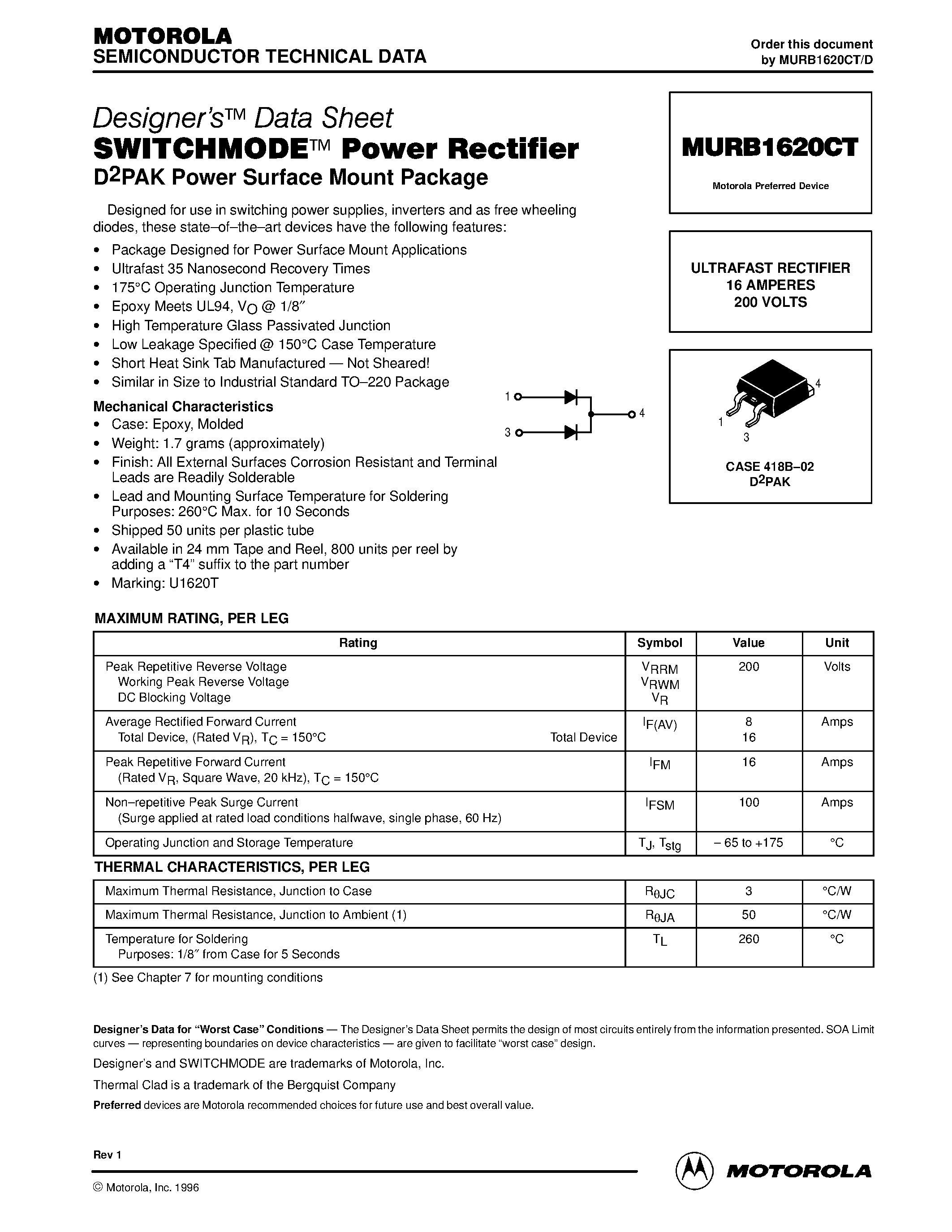 Даташит MURB1620CT - ULTRAFAST RECTIFIER 16 AMPERES 200 VOLTS страница 1
