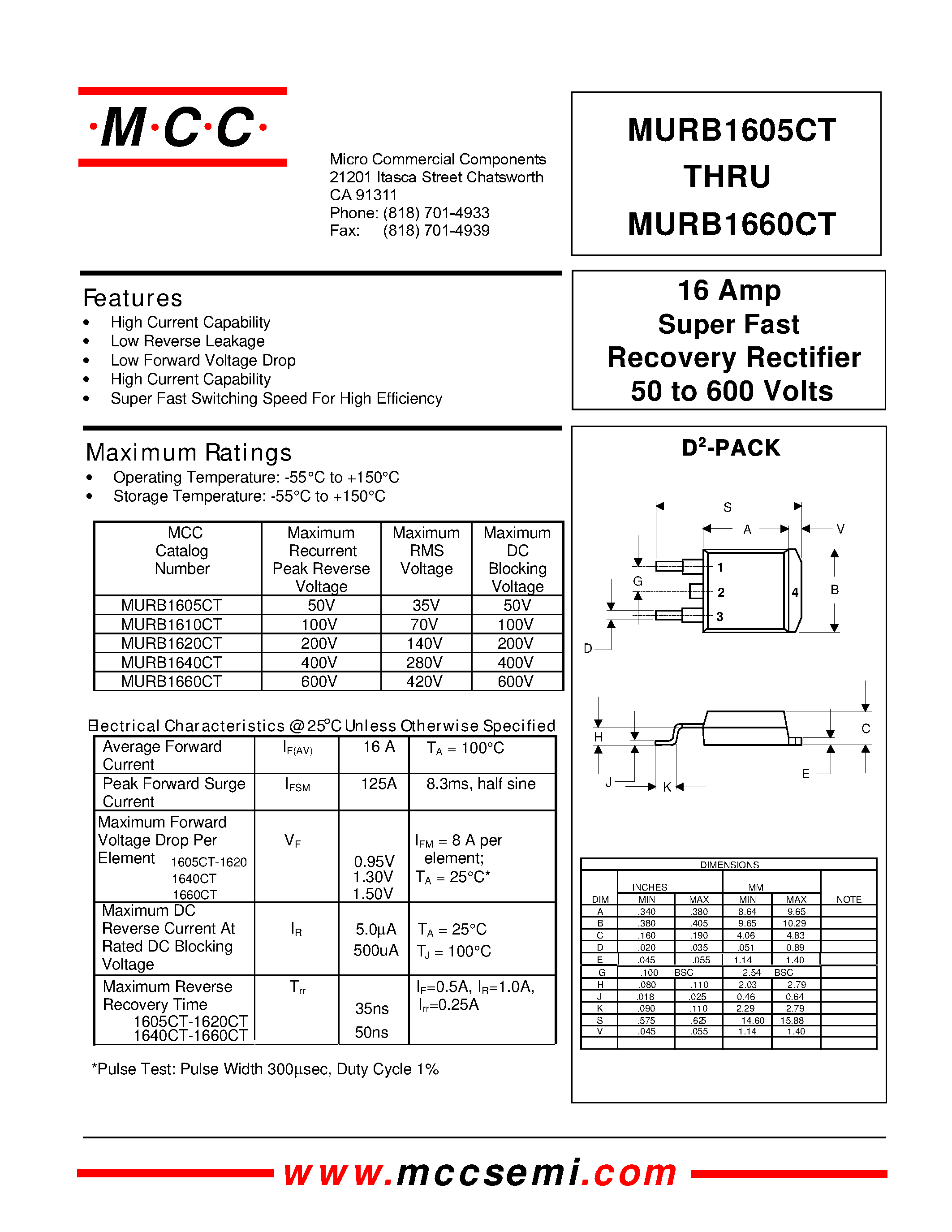 Даташит MURB1605CT - 16 Amp Super Fast Recovery Rectifier 50 to 600 Volts страница 1