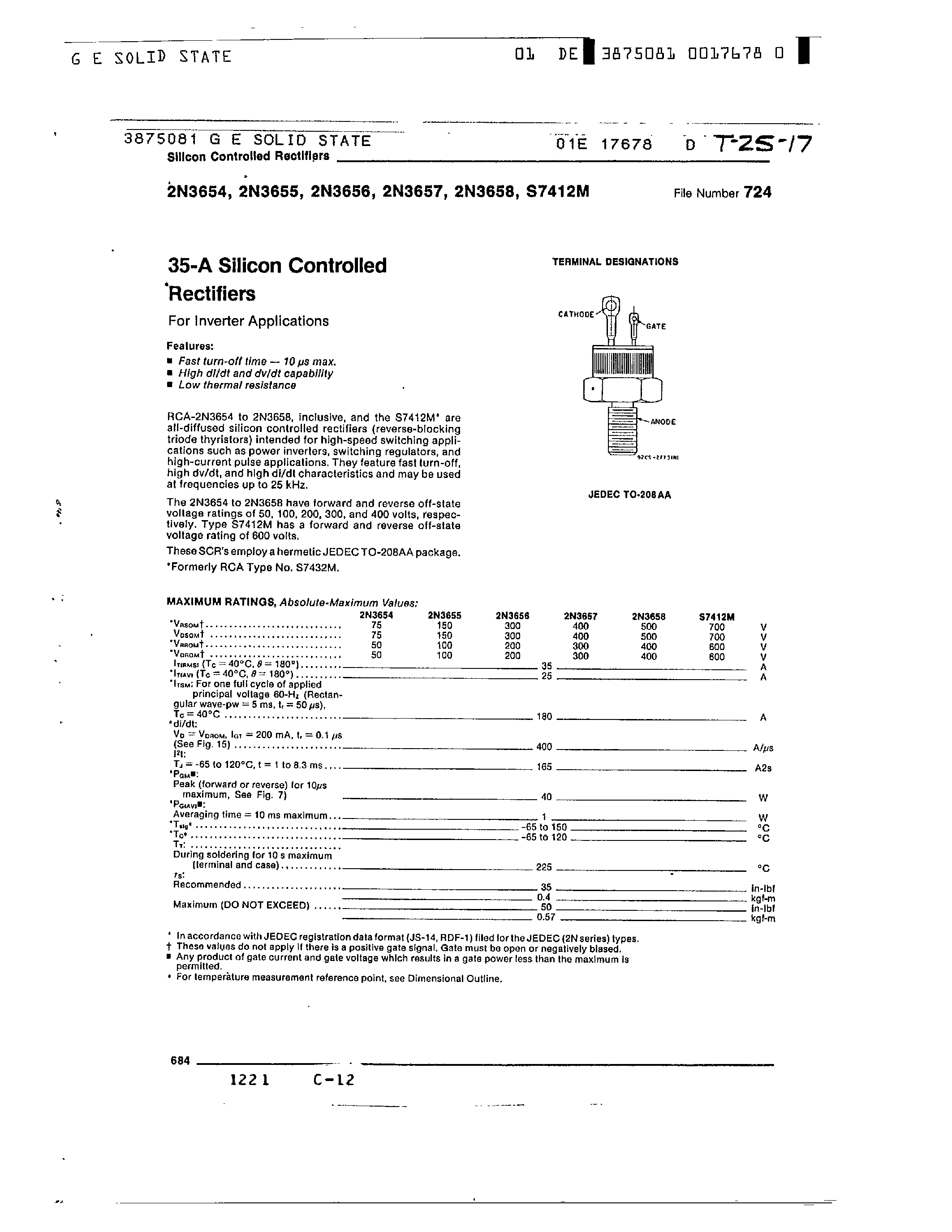 Даташит на микросхему 2N3656 страница 1 Даташит 2N3656 - 35-A SILICON CONTROLLED RECTIFIERS страница 1