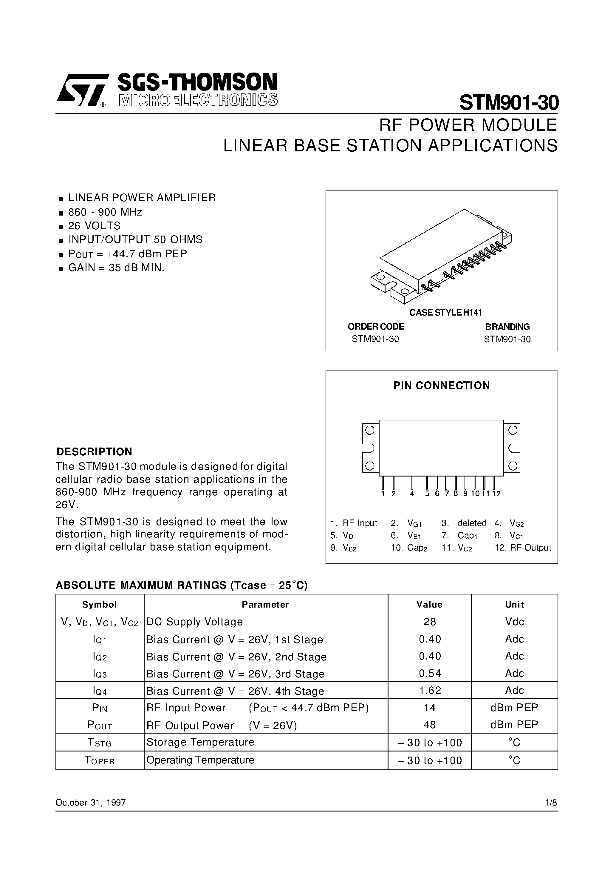 Даташит на микросхему STM901-30 страница 1 Даташит STM901-30 - RF POWER MODULE LINEAR BASE STATION APPLICATIONS страница 1