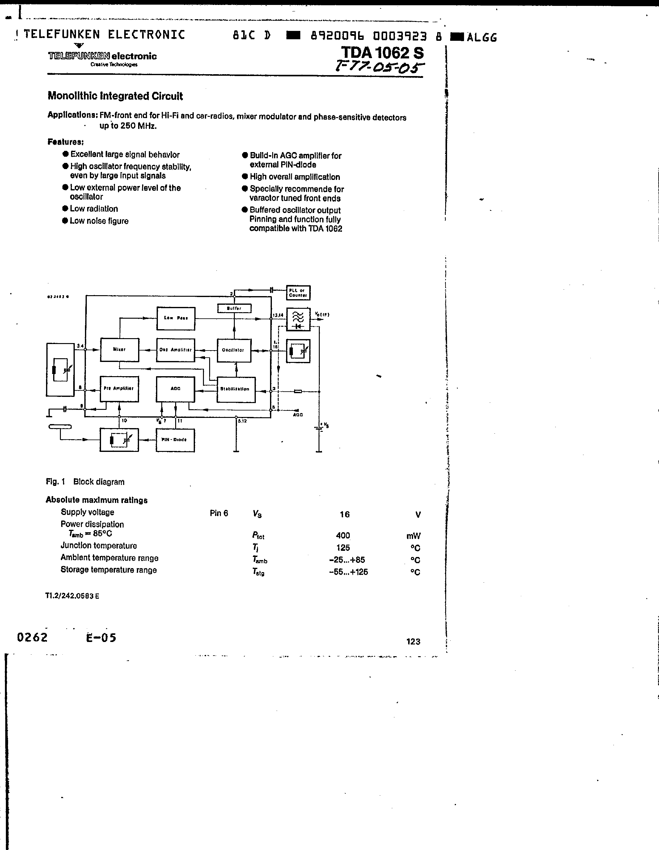 Datasheet TDA1062S page 1 Datasheet TDA1062S - FM front end for Hi-Fi and Car-Radio / Mixer Modulator page 1
