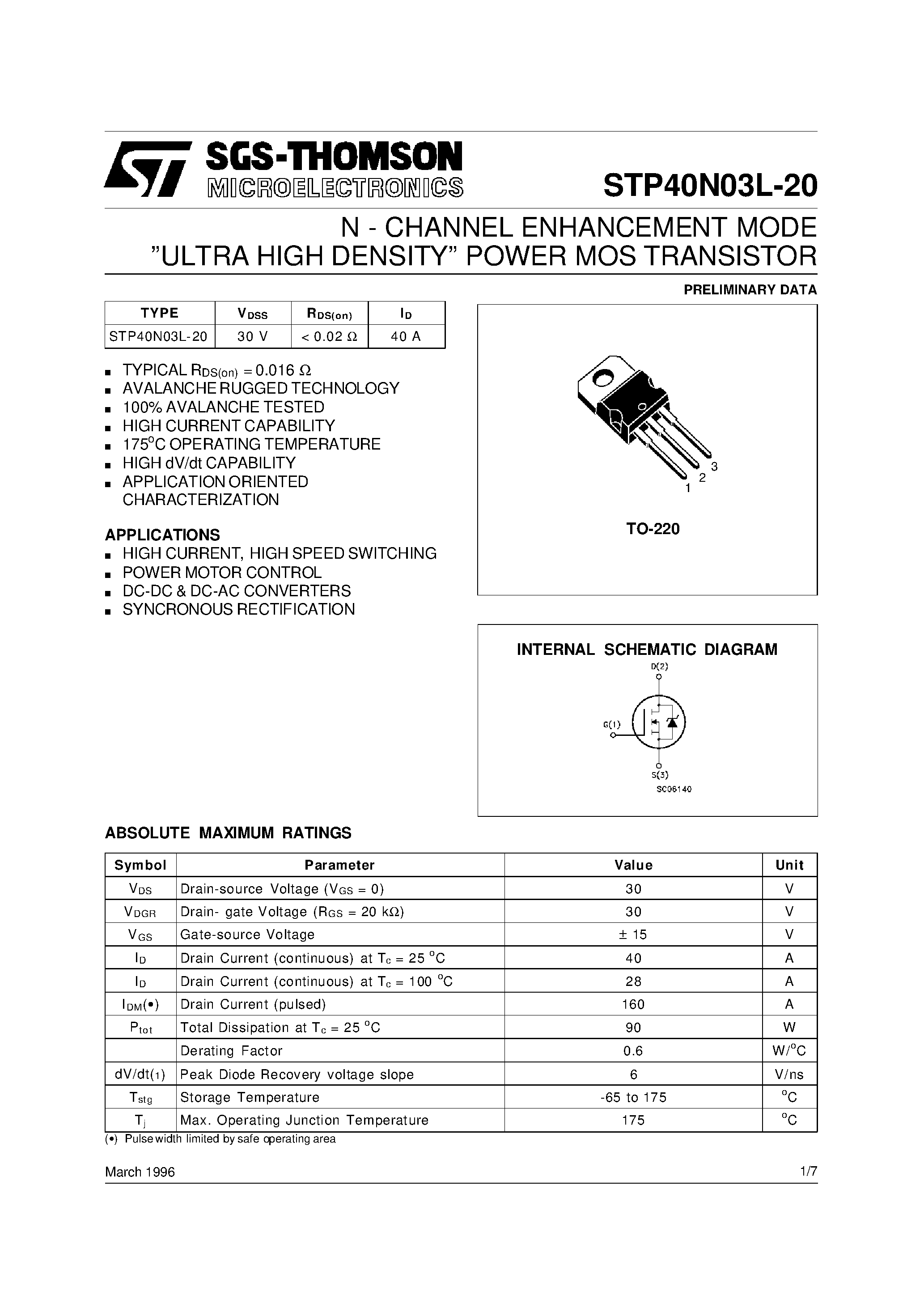 Datasheet STP40N03L-20 page 1 Datasheet STP40N03L-20 - N - CHANNEL ENHANCEMENT MODE ULTRA HIGH DENSITY POWER MOS TRANSISTOR page 1