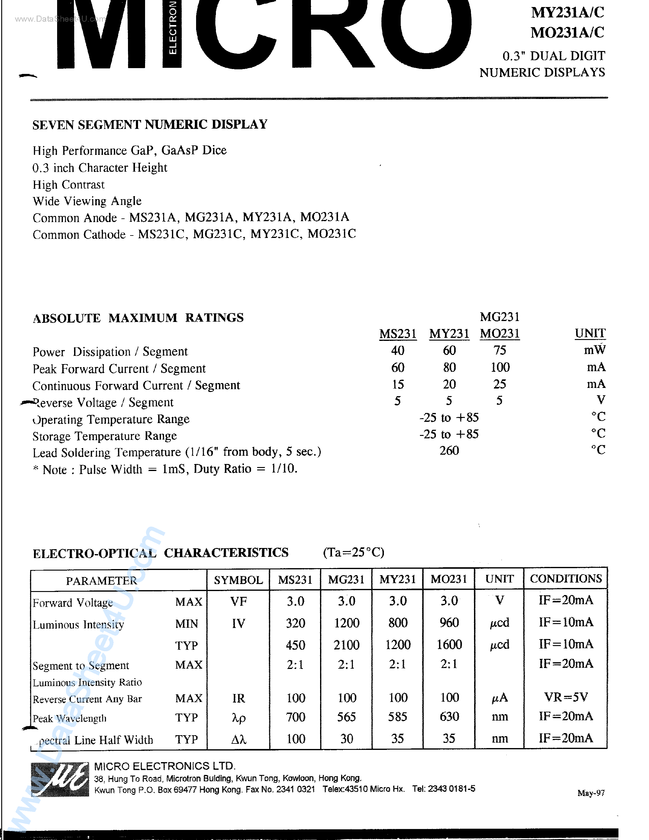 Datasheet MS213A - 0.3 DUAL DIGIT NUMERIC DISPLAYS page 1