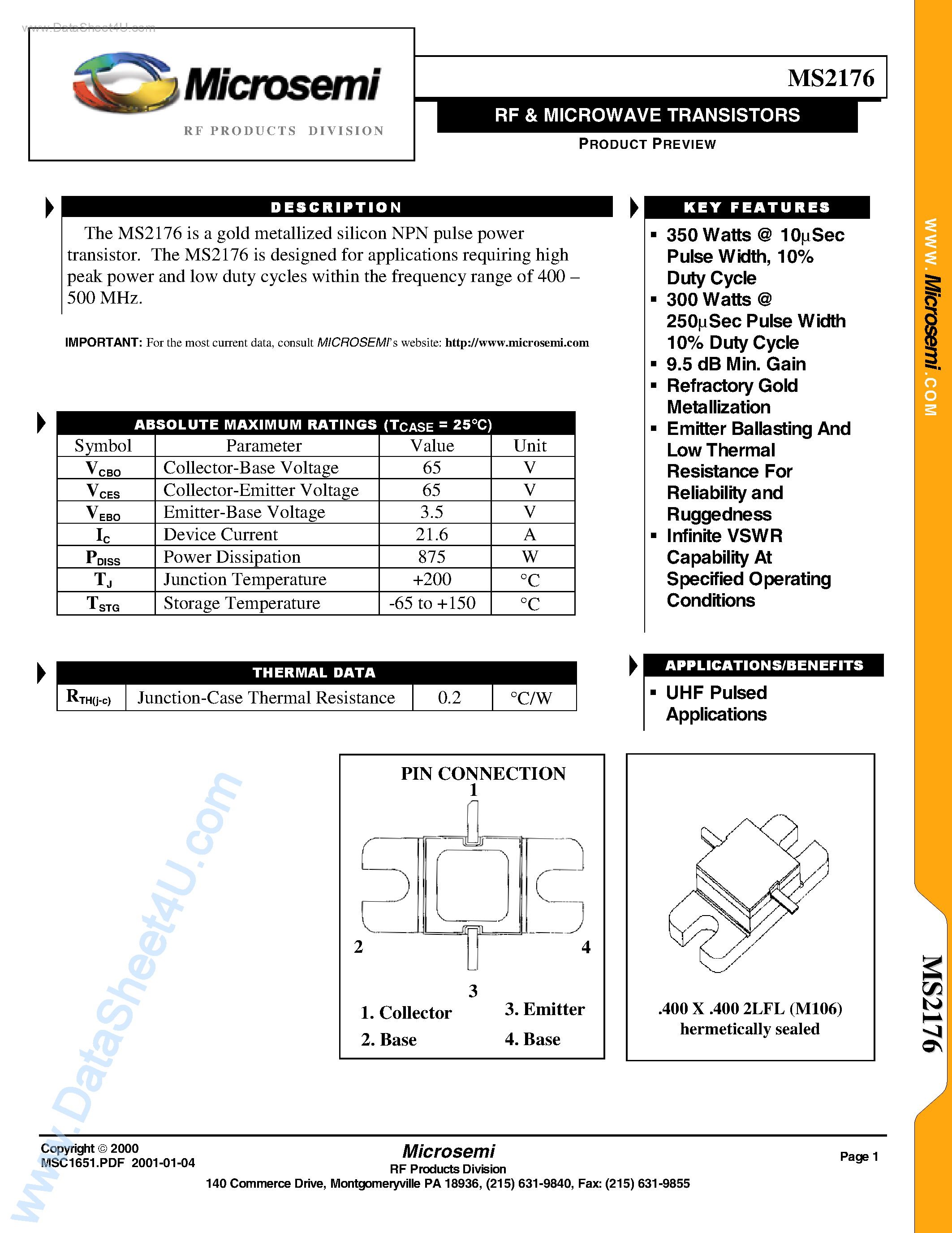 Datasheet MS2176 - RF & MICROWAVE TRANSISTORS page 1