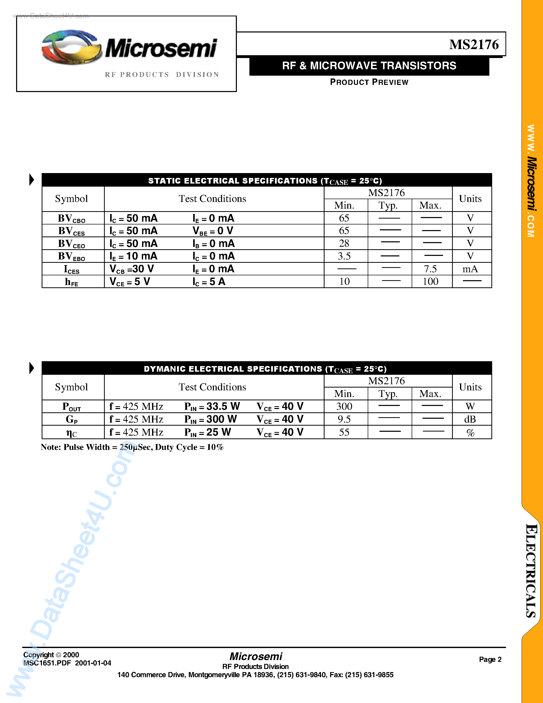 Datasheet MS2176 - RF & MICROWAVE TRANSISTORS page 2