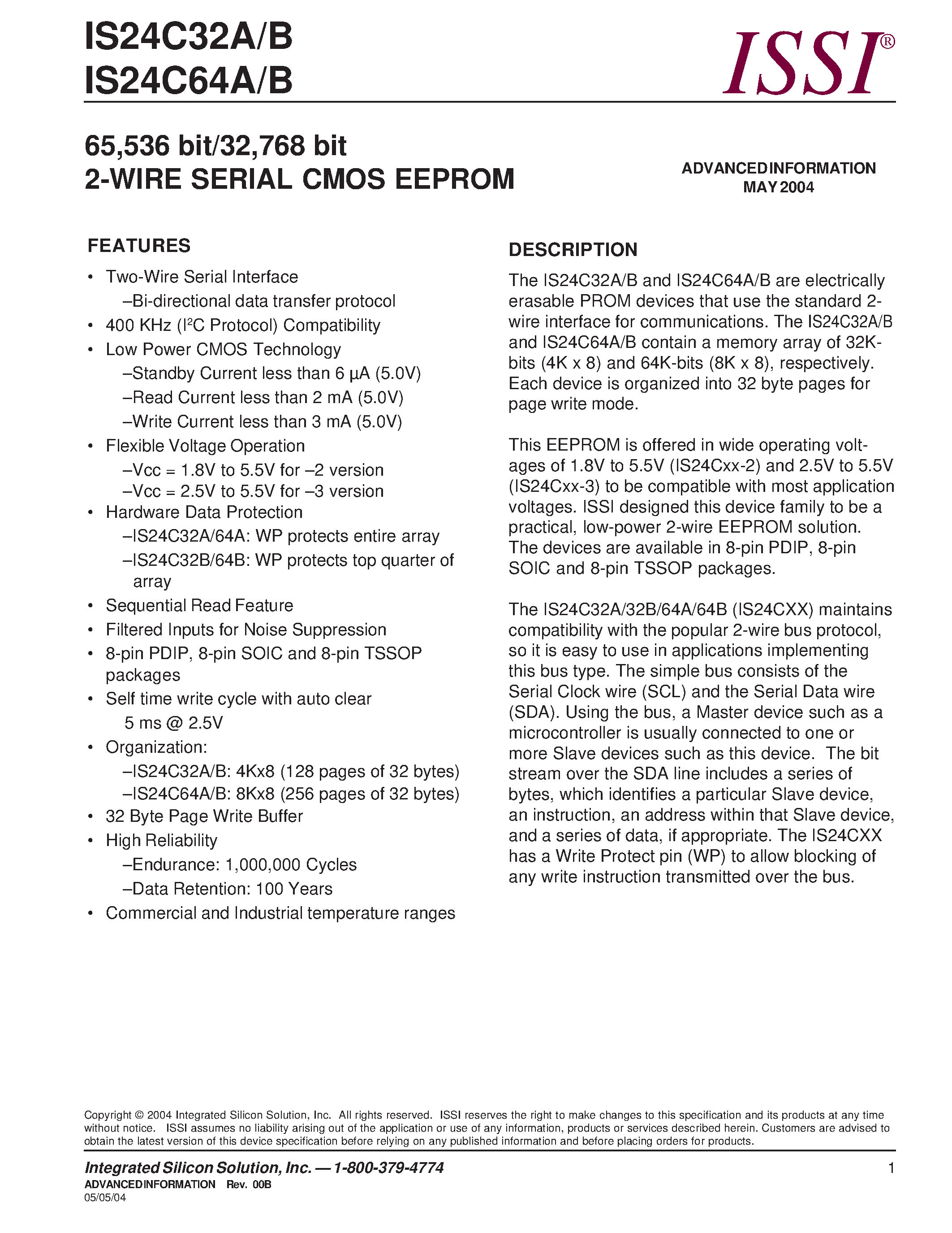 Datasheet IS24C64B - 65/536-bit/32/768-bit 2-WIRE SERIAL CMOS EEPROM page 1