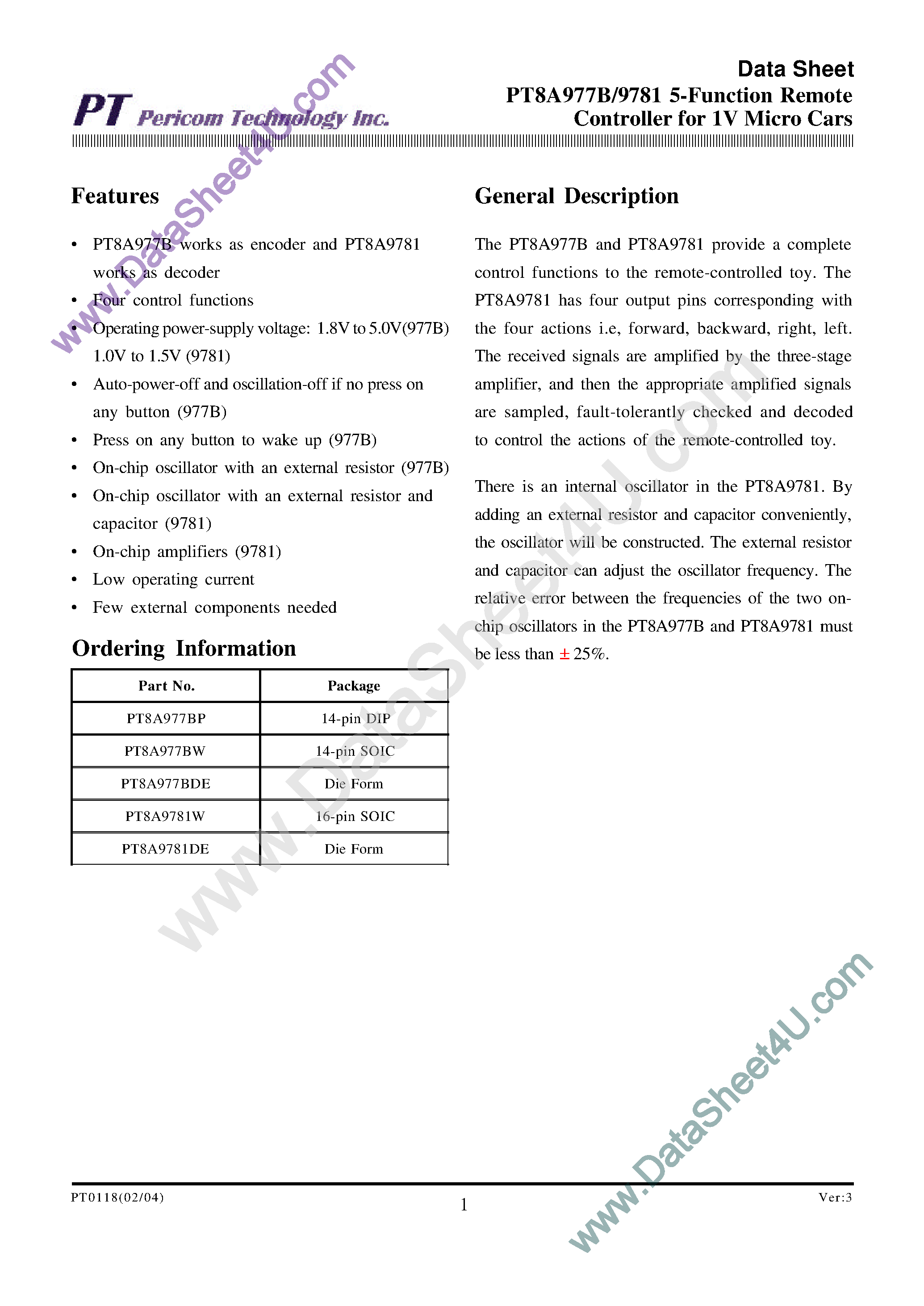 Datasheet PT8A977B - 5 Function Remote Controller for 1V Micro Cars page 1
