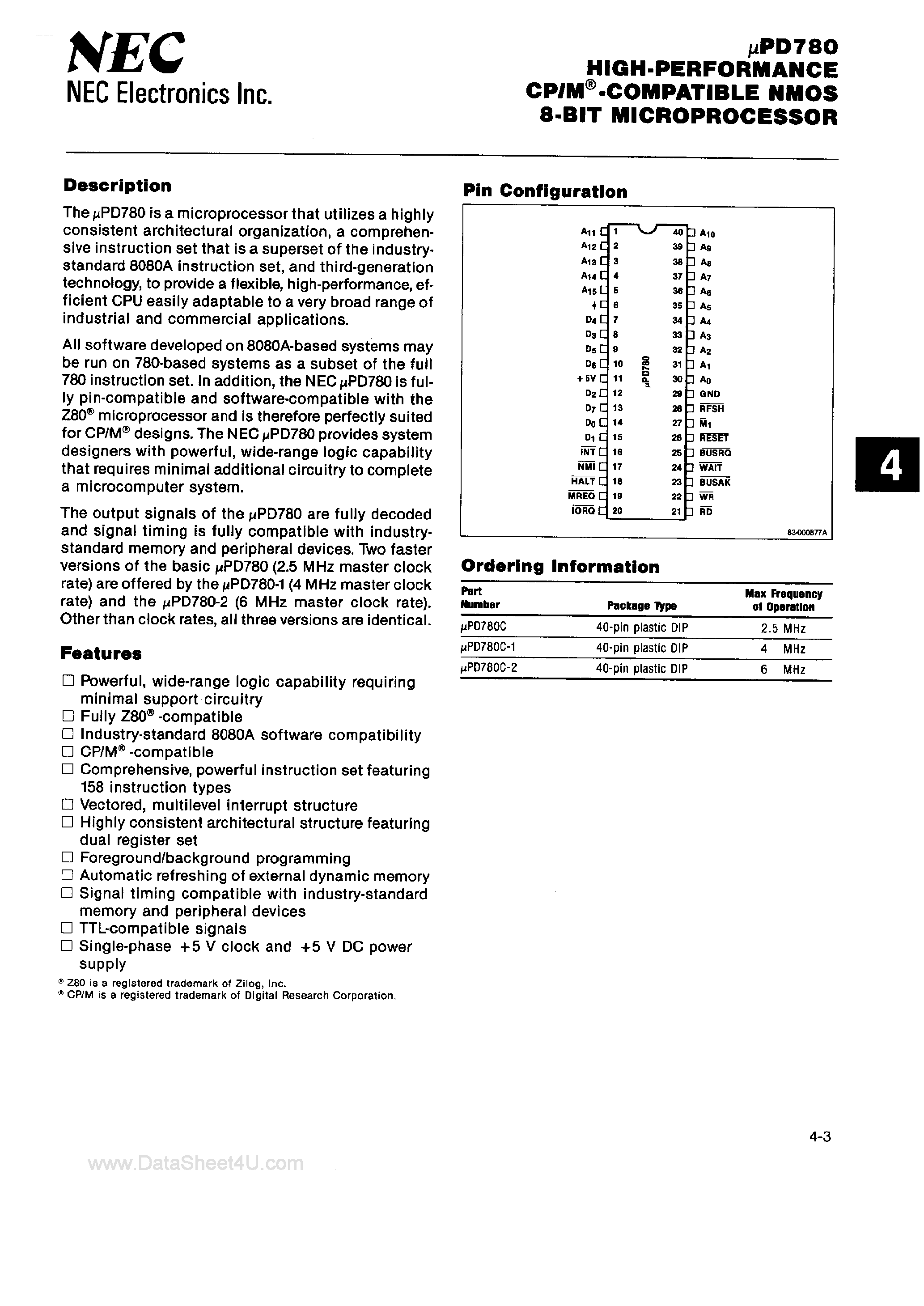 Datasheet UPD780C page 1 Datasheet UPD780C - High-Performance CP/M Compatible NMOS 8-Bit Microprocessor page 1