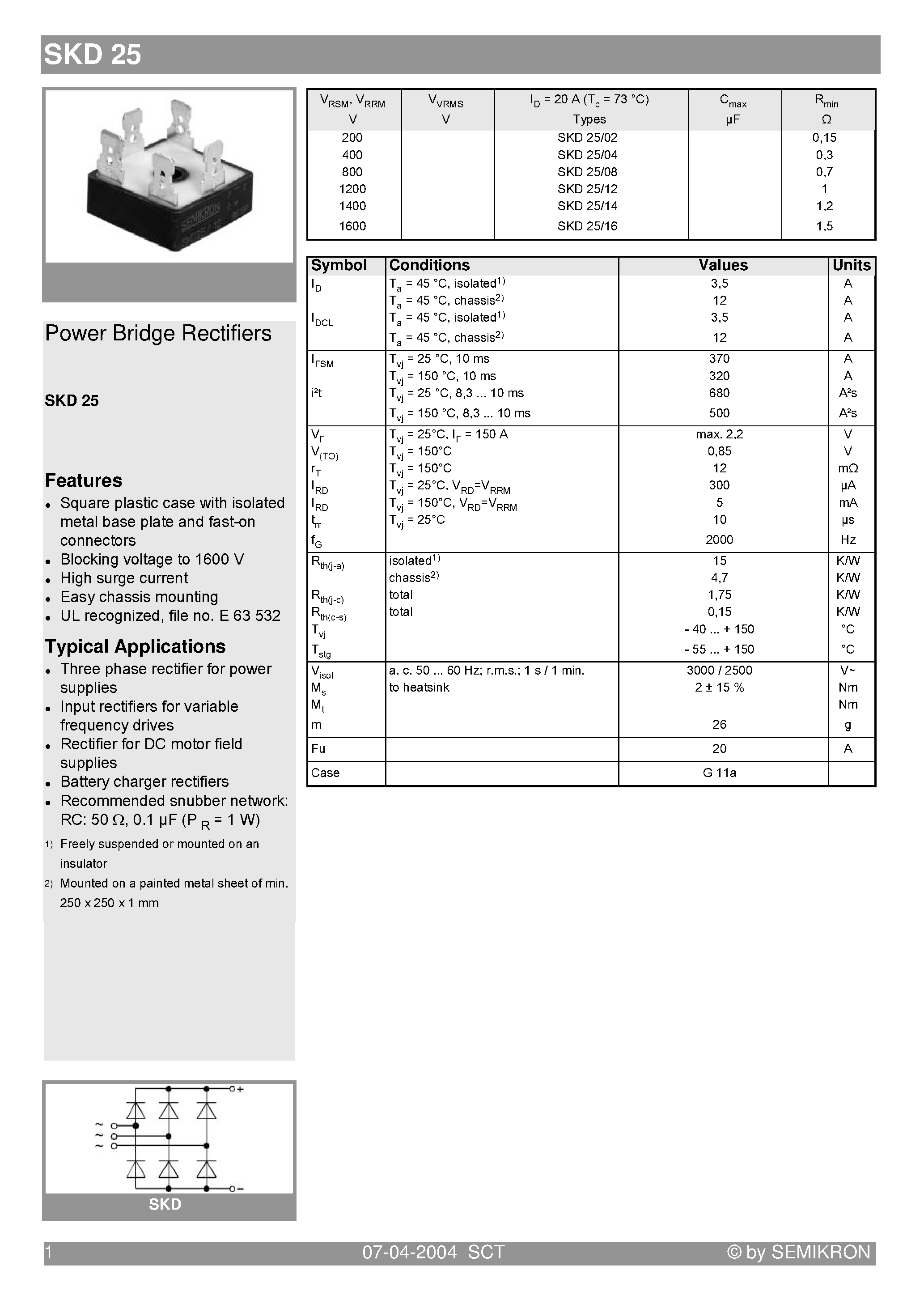 Datasheet SKD25/xx - Power Brideg Rectifiers page 1