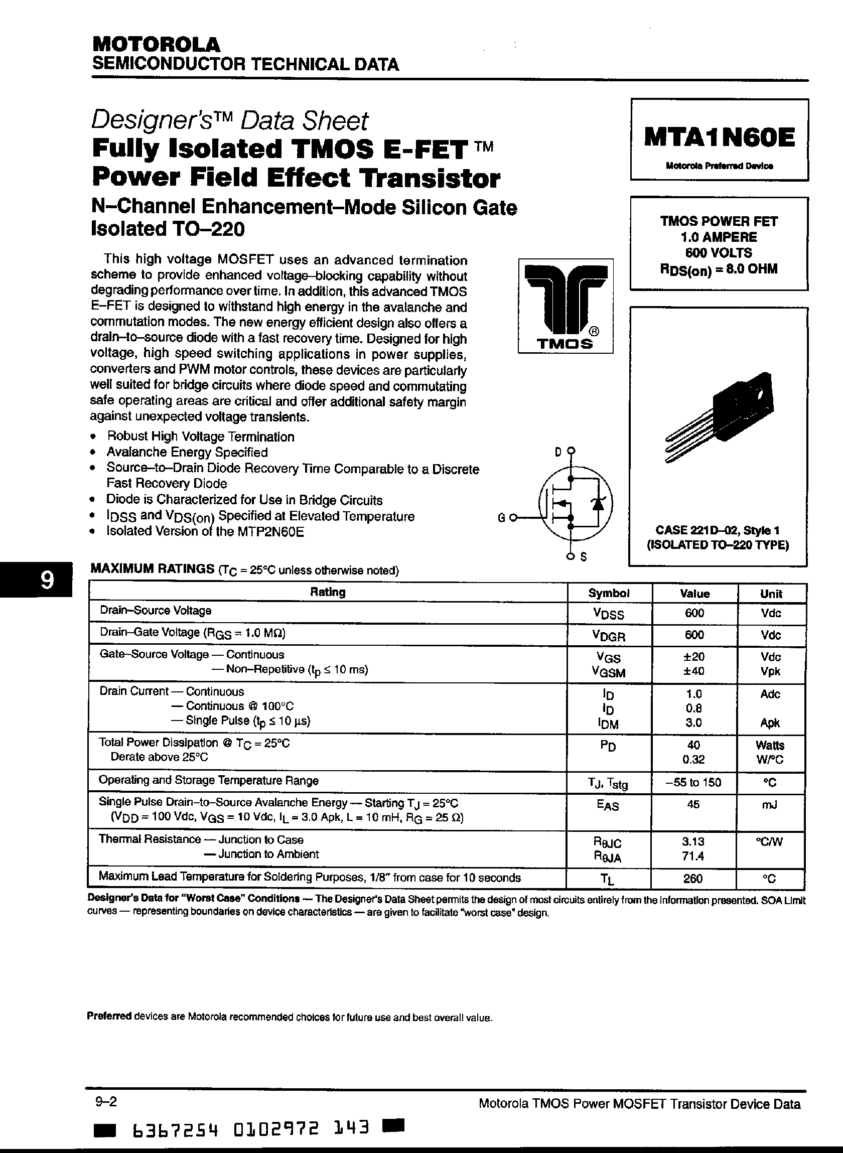 Даташит MTA1N60E - Fully Isolated TMOS E-FET / Power Rifld Effect Transistor страница 1